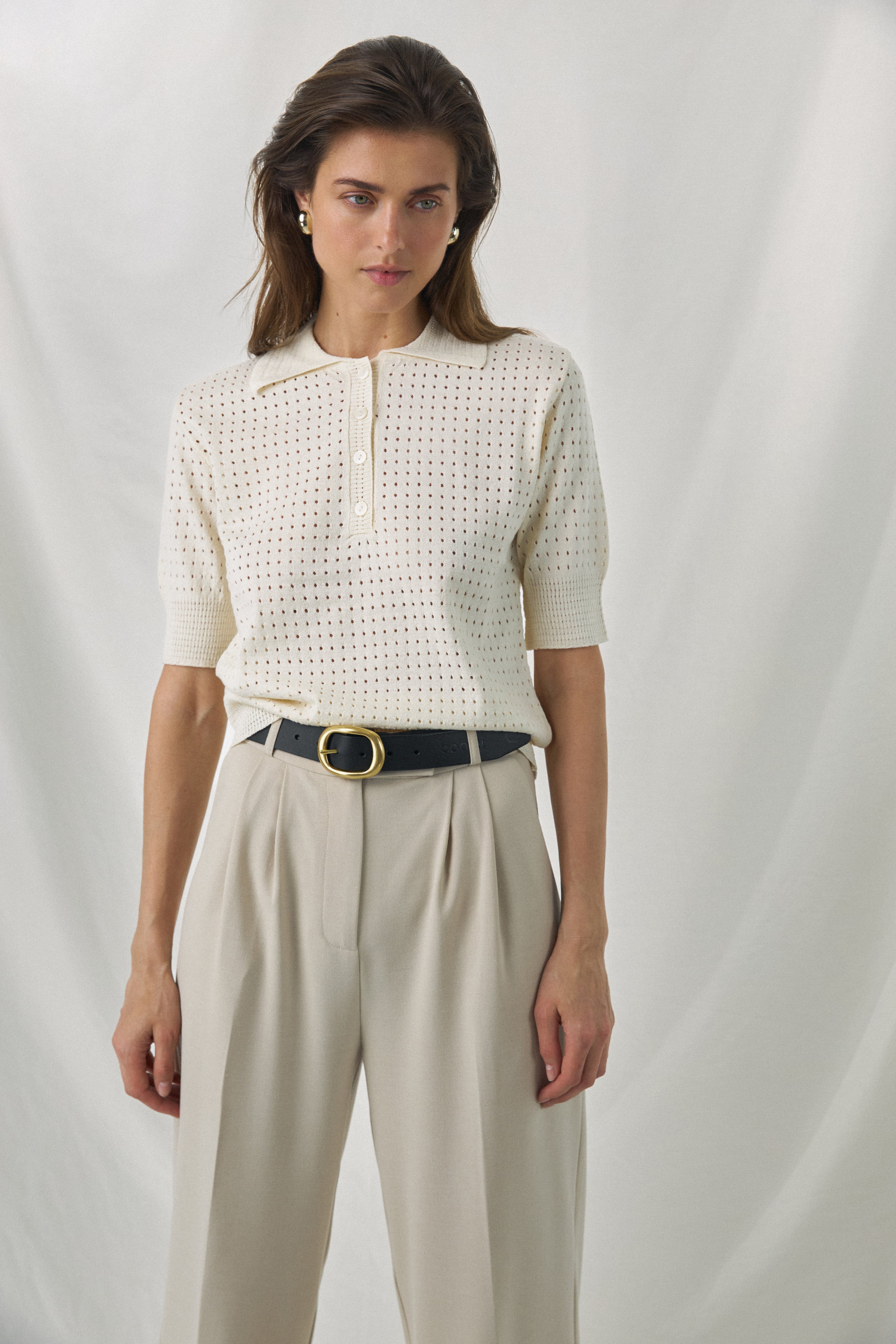 トップス OVY DAYDREAM Organic Cotton Pile Polo Open Knit Translucent Polo Shirt - Milky | COOSH