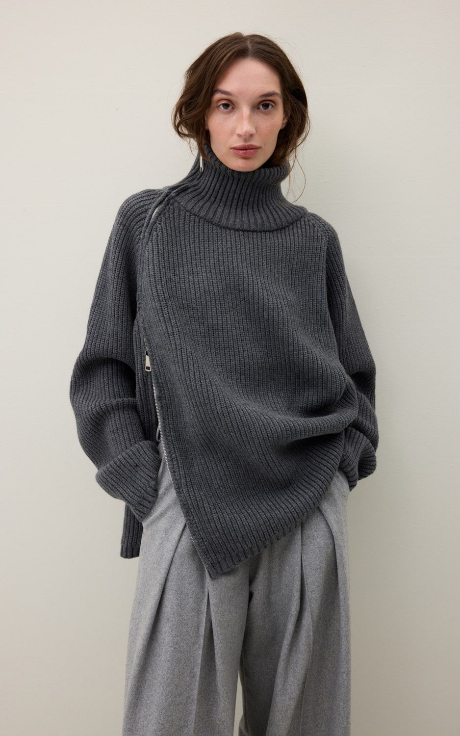 stein OVERSIZED HIGH NECK LS・P.GRAY Oversized High-Collar Zip Sweater - Graphite | COOSH