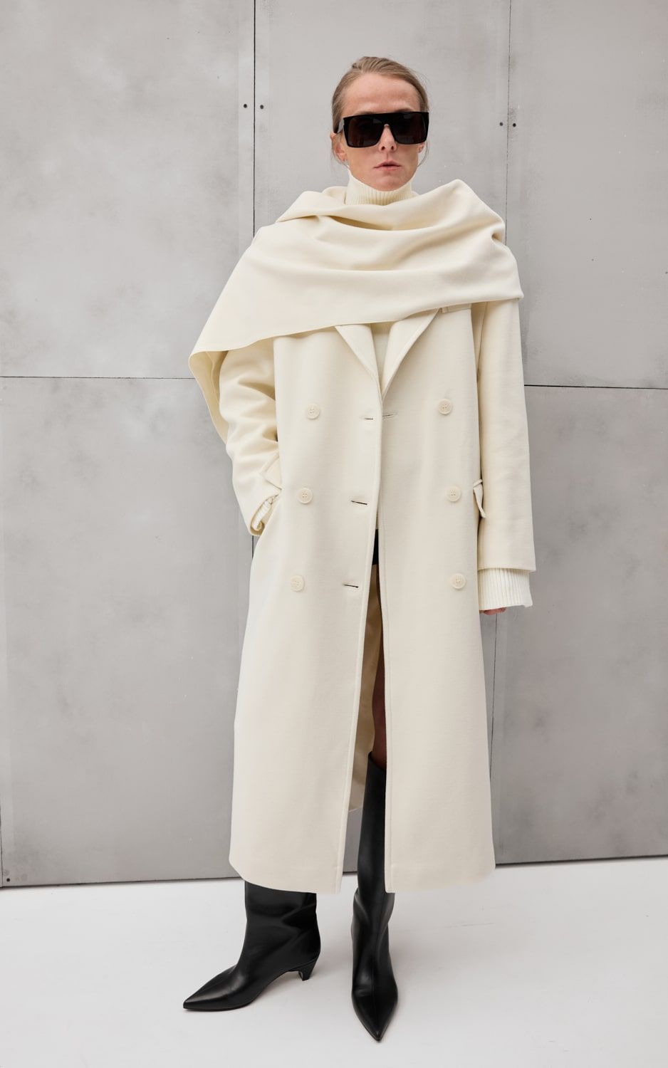BOYFRIEND'S Coat with Removable Scarf-Cape - Milky | COOSH