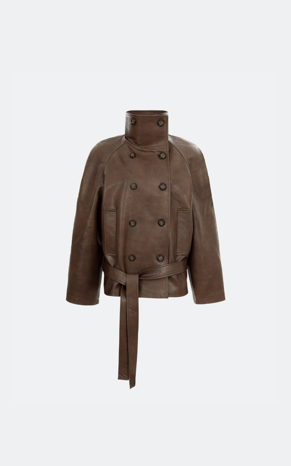 Faux Leather Jacket with Shoulder Pads and Belt