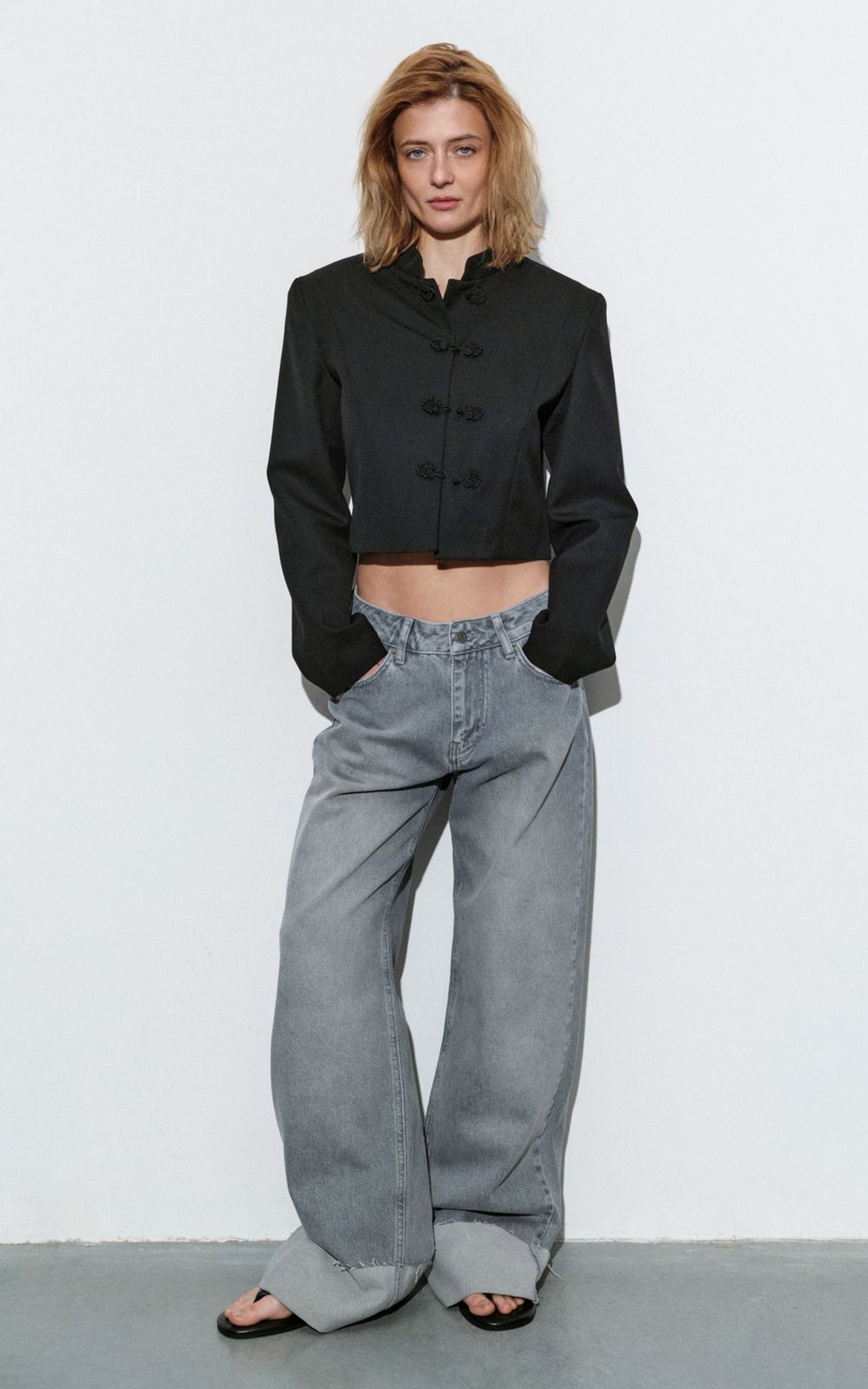 Asian-Inspired Cropped Jacket with Statement Loops
