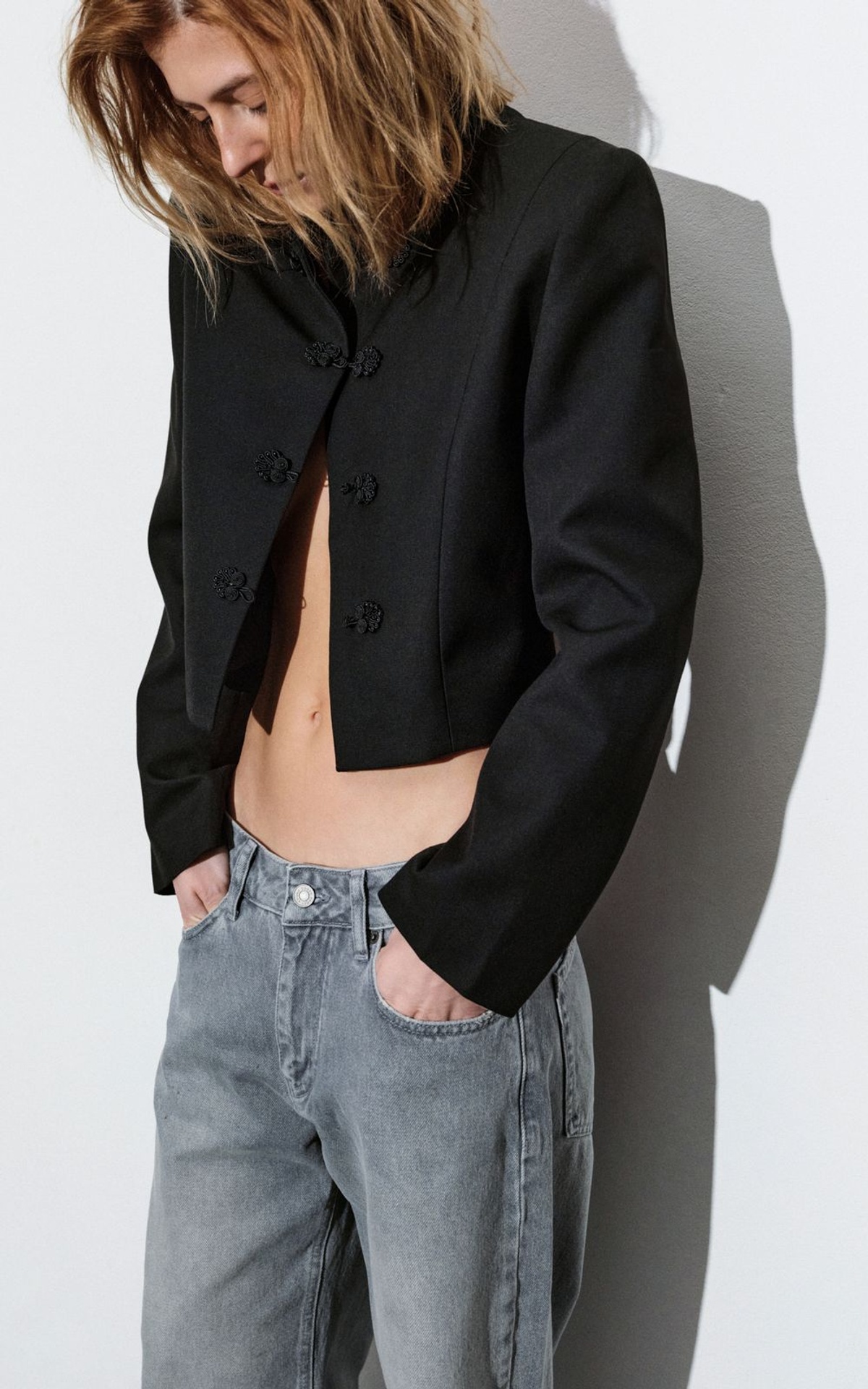 Asian-Inspired Cropped Jacket with Statement Loops