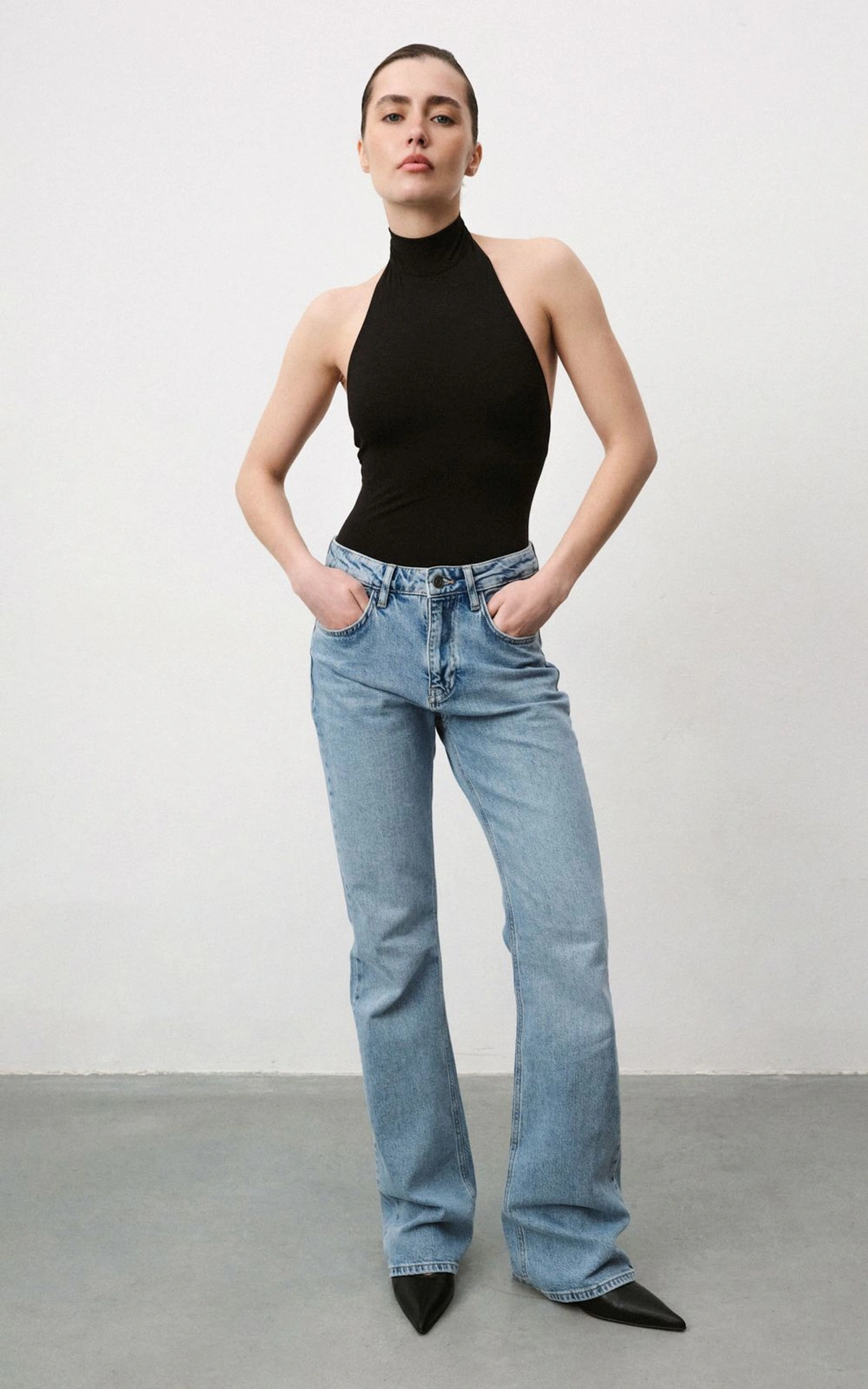 Halter Bodysuit with High Stand Collar