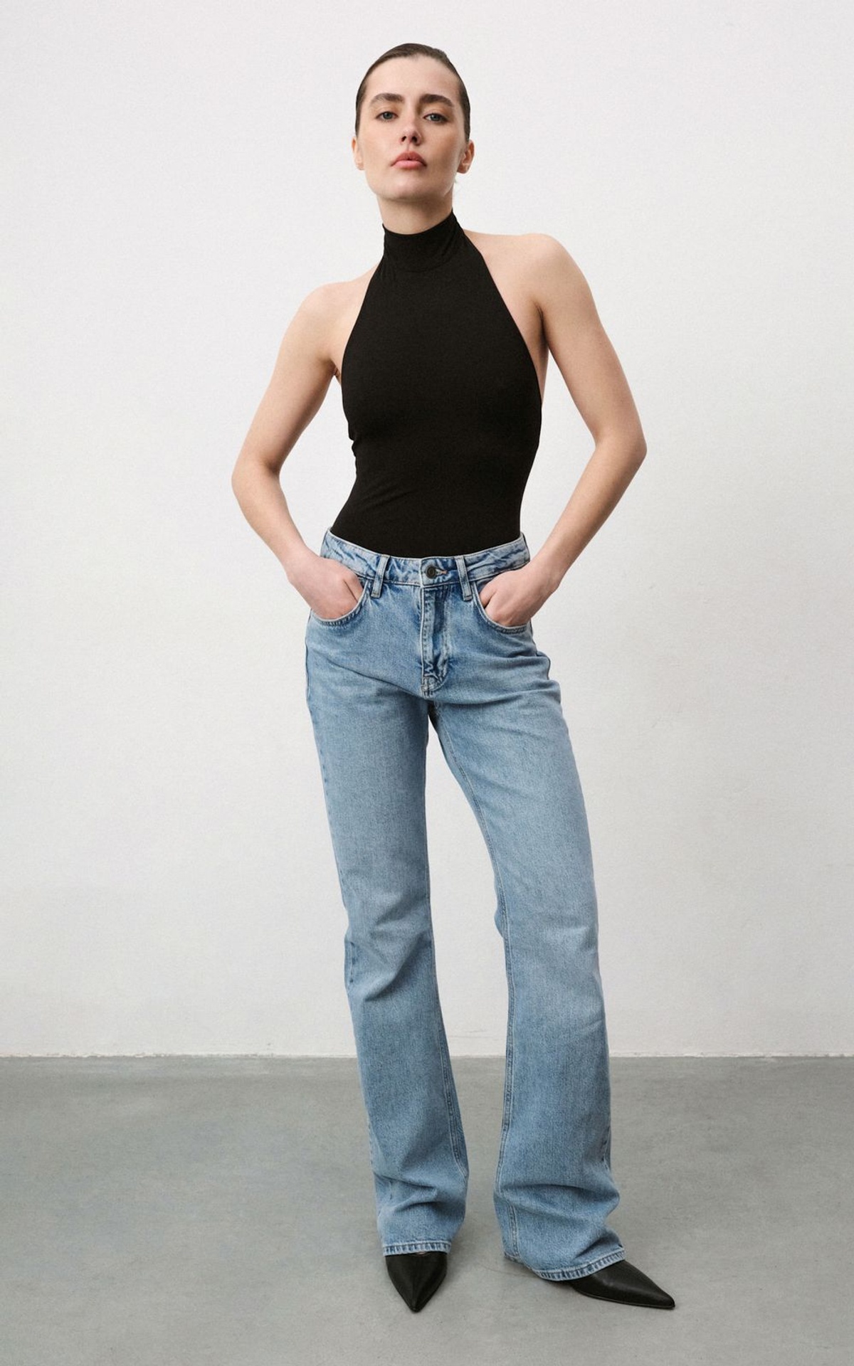 Halter Bodysuit with High Stand Collar
