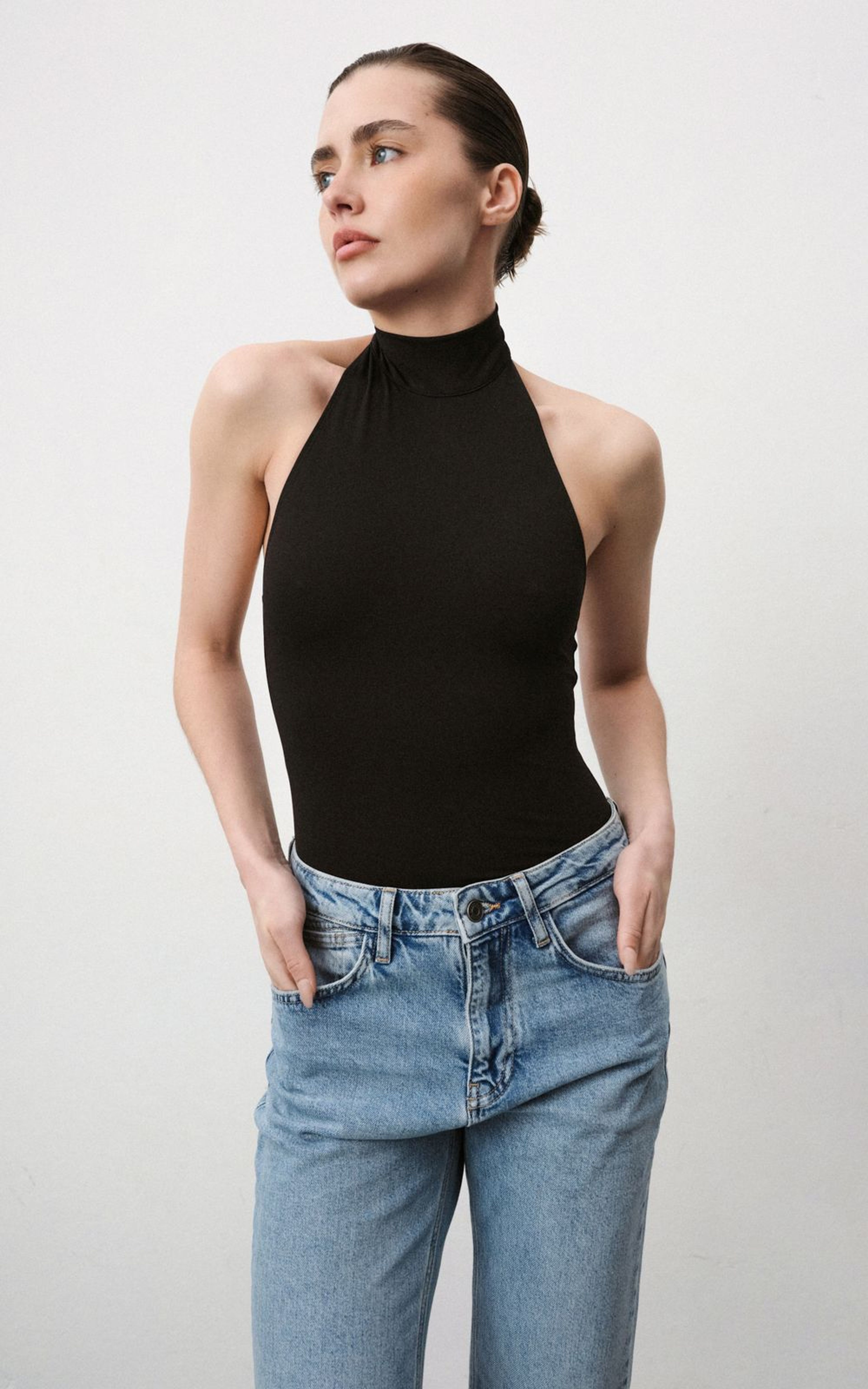 Halter Bodysuit with High Stand Collar