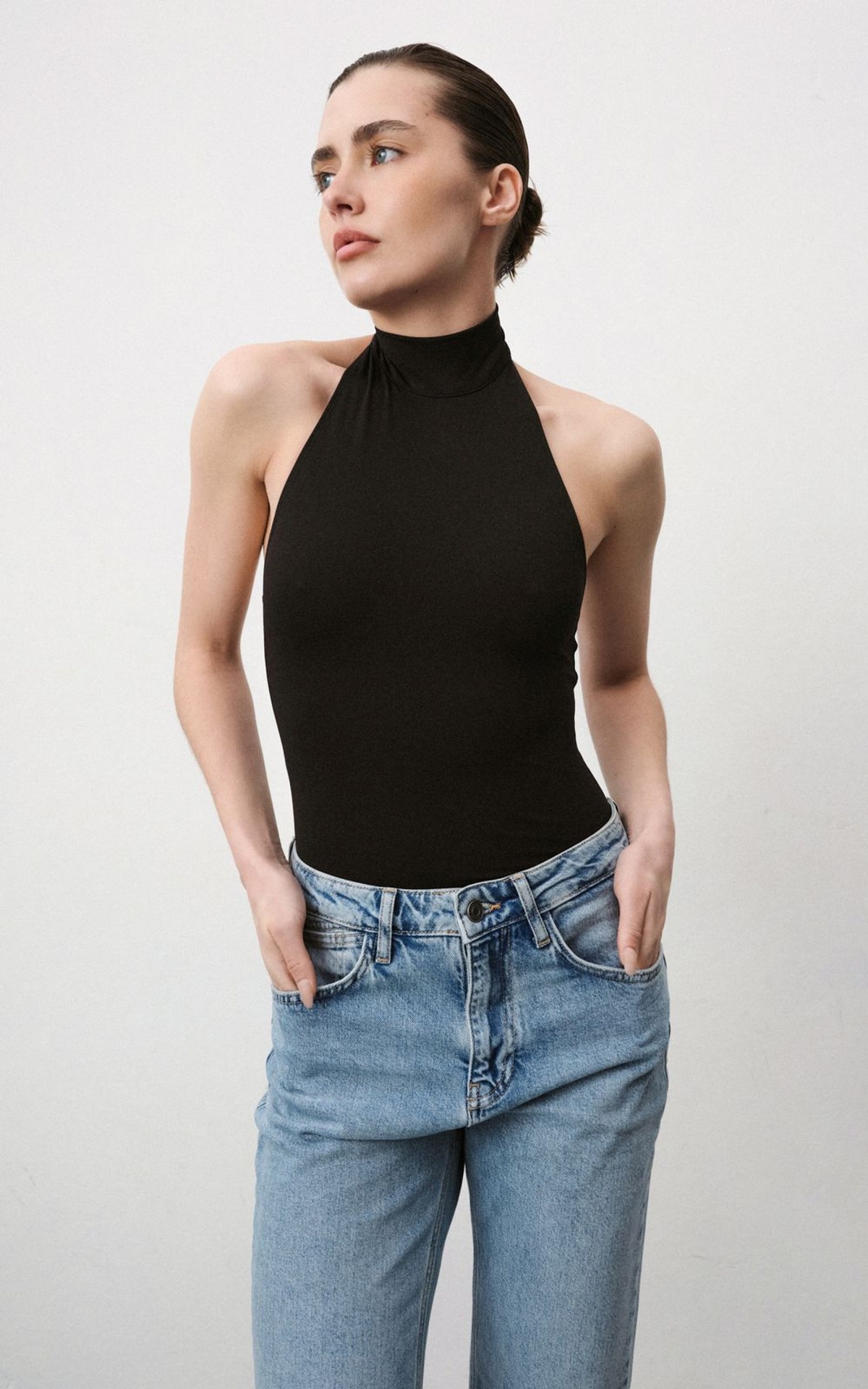 Halter Bodysuit with High Stand Collar