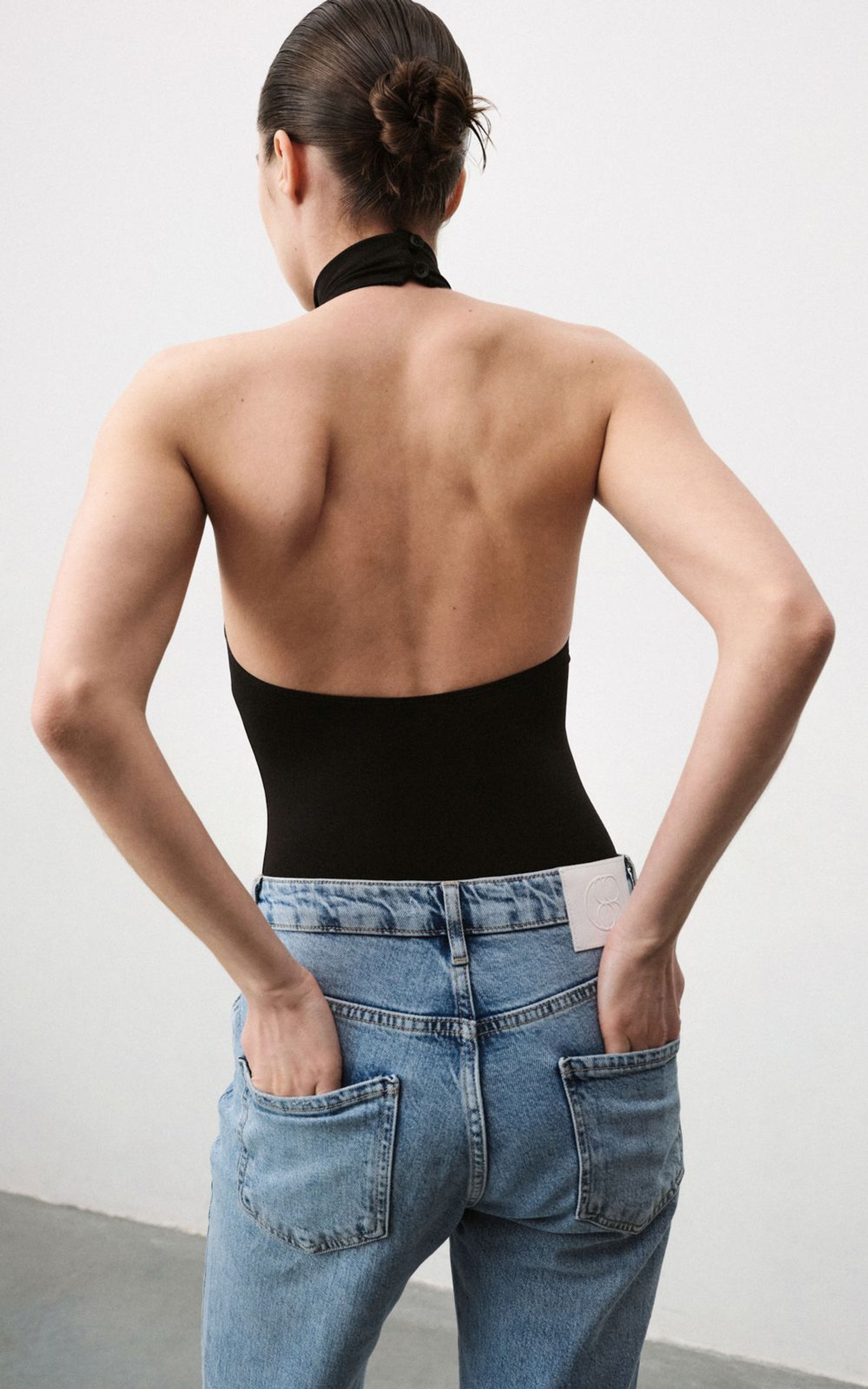 Halter Bodysuit with High Stand Collar