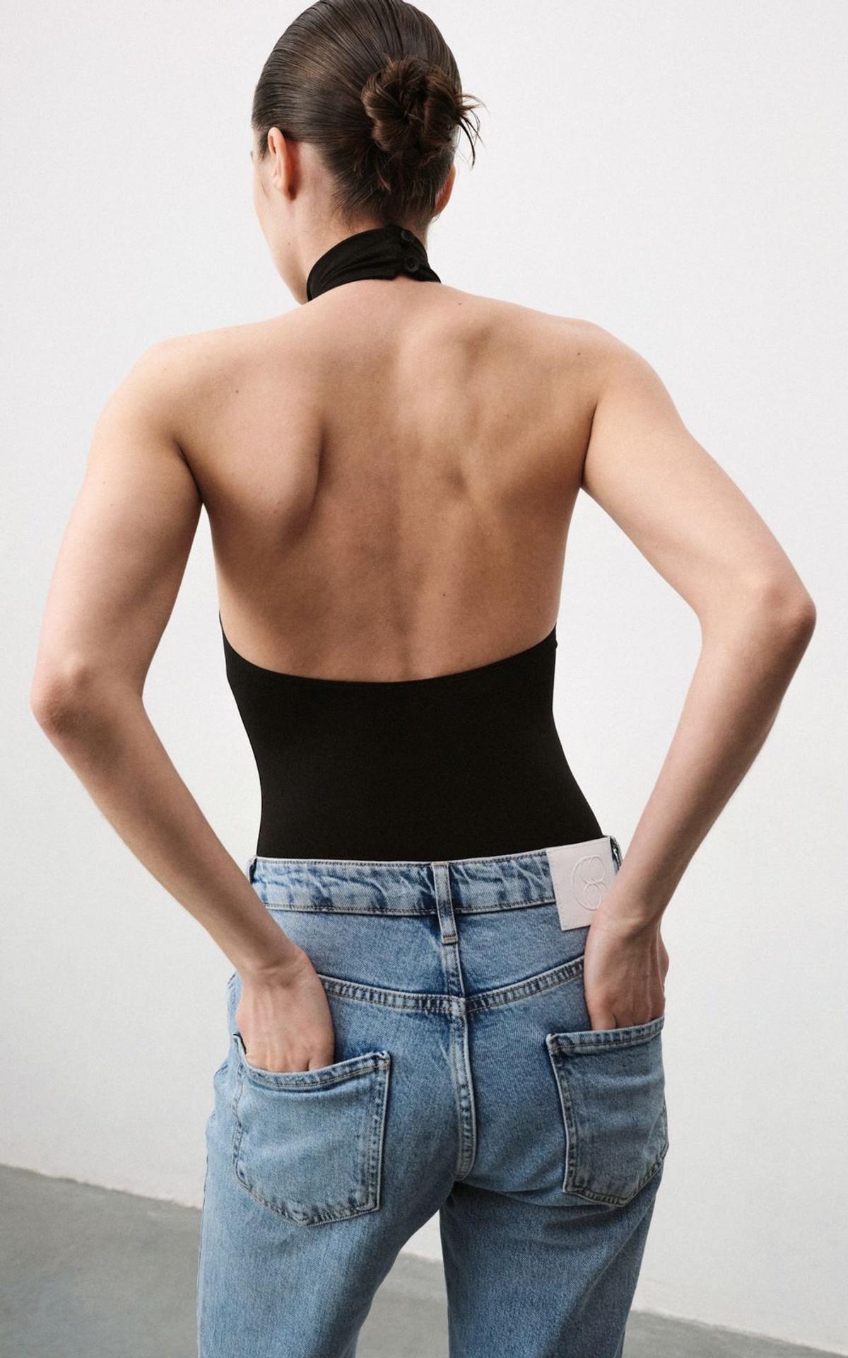 Halter Bodysuit with High Stand Collar