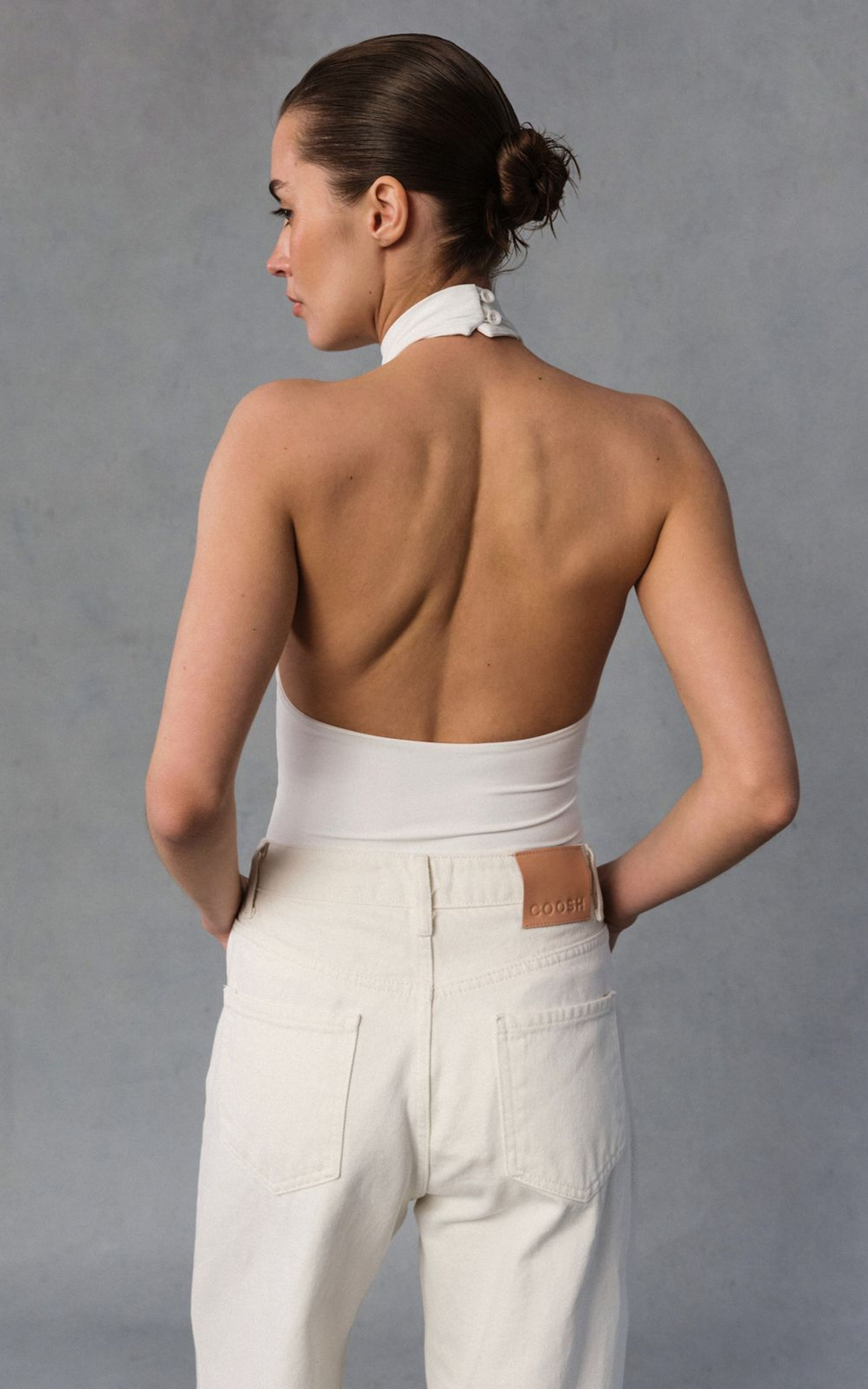 Halter Bodysuit with High Stand Collar