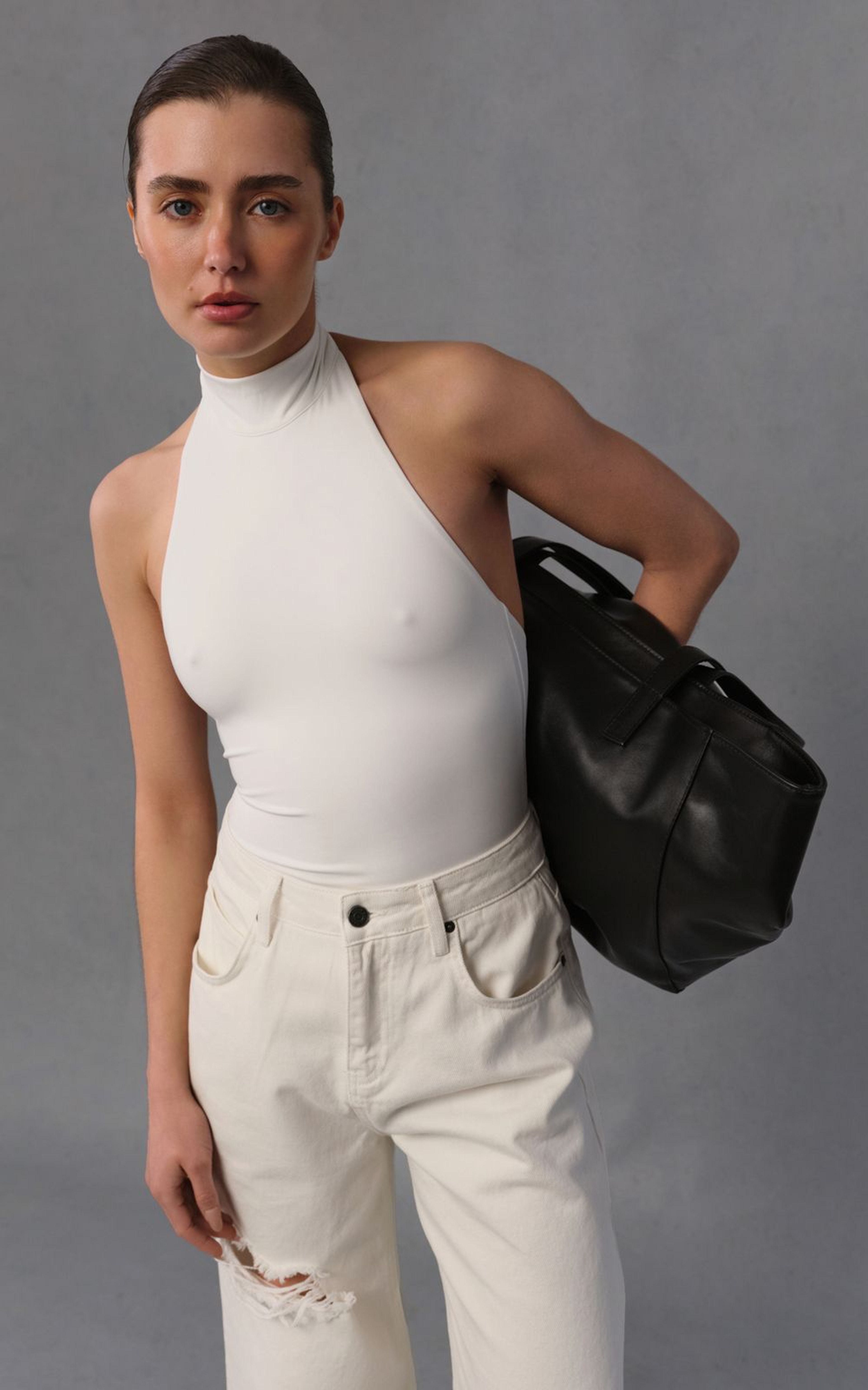 Halter Bodysuit with High Stand Collar