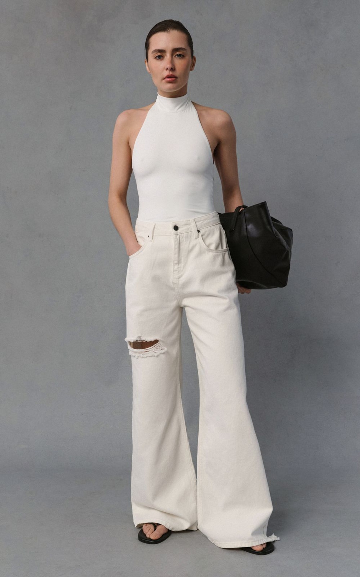 Halter Bodysuit with High Stand Collar