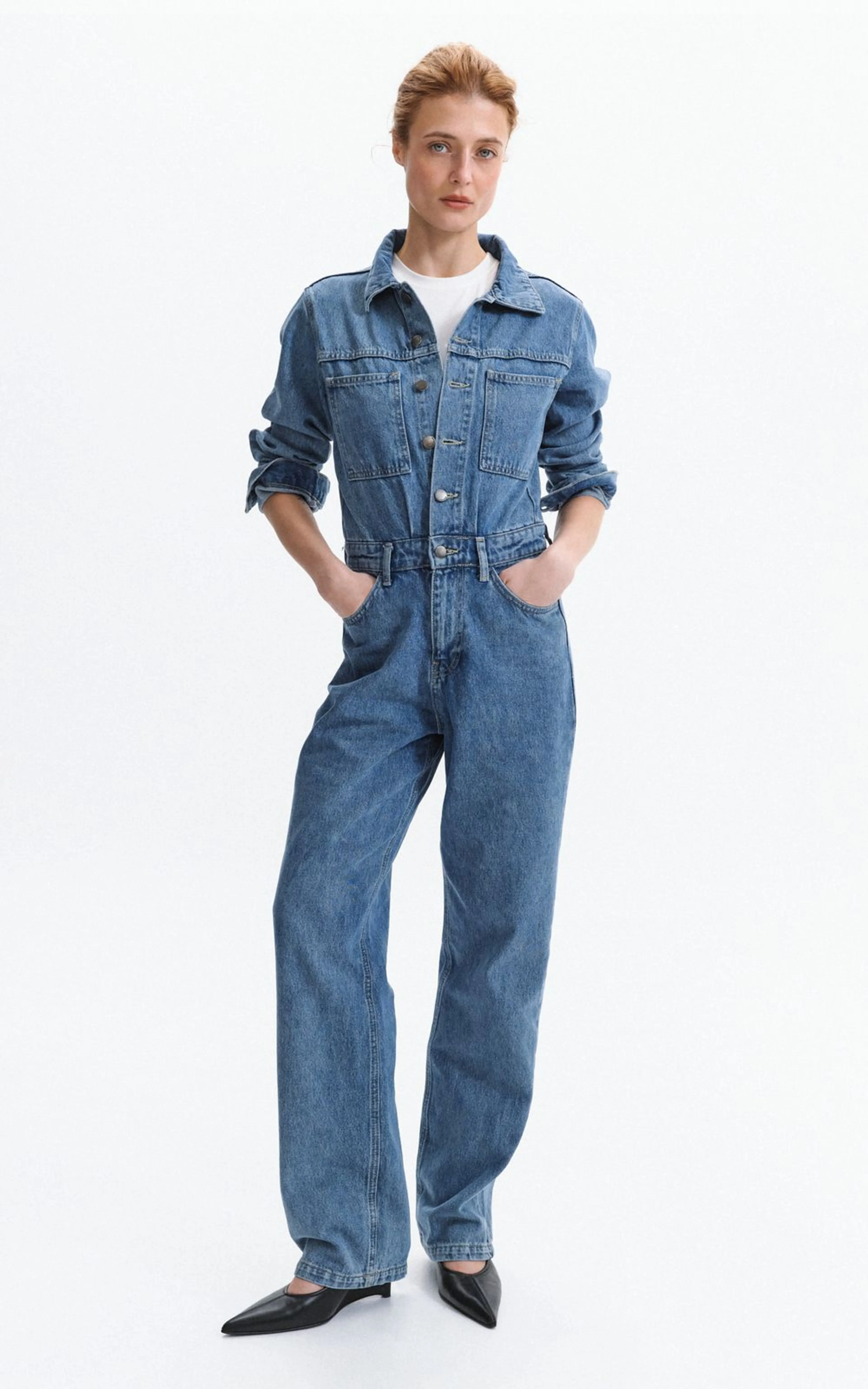Fitted Denim Jumpsuit with Long Sleeves