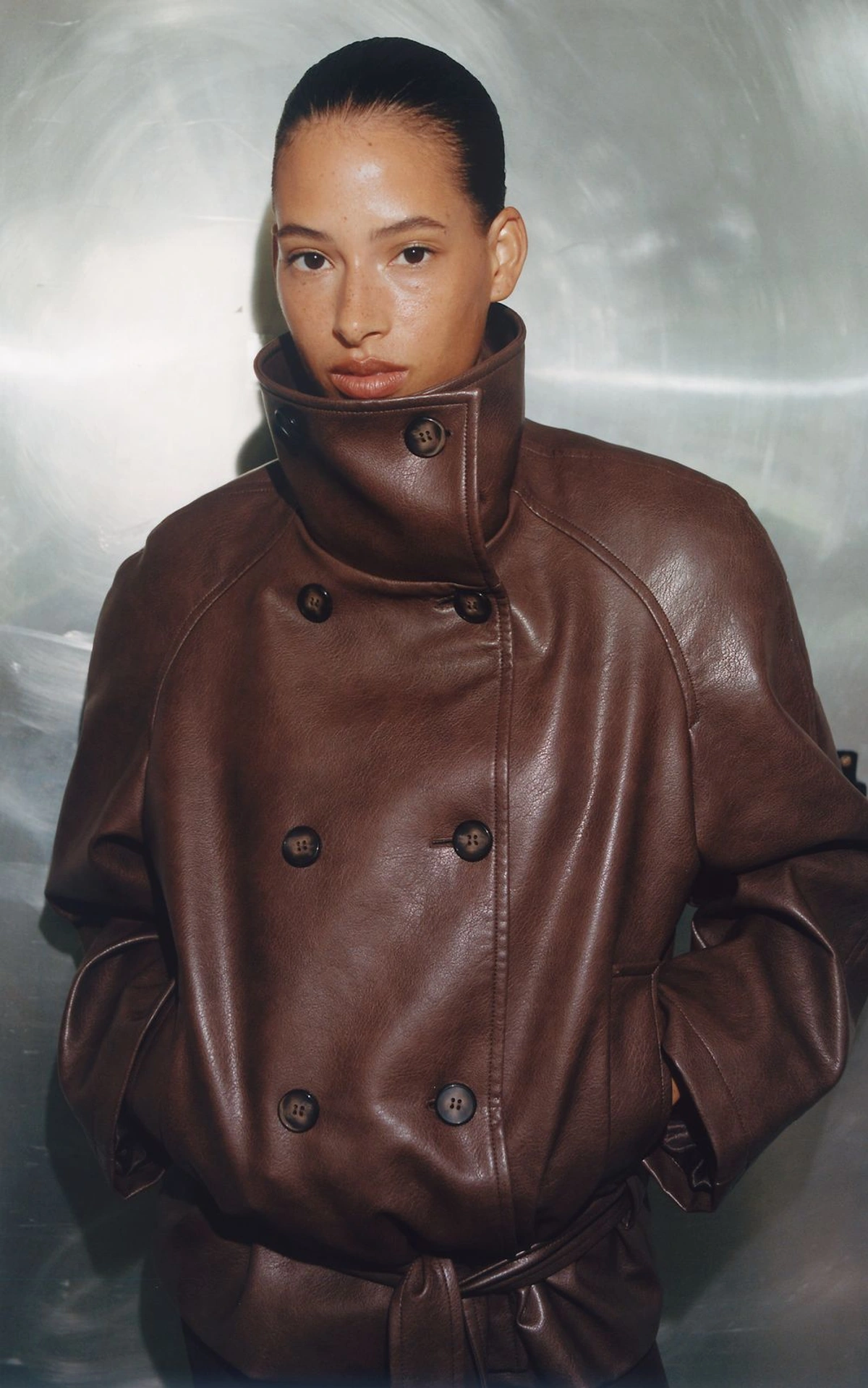 Faux Leather Jacket with Shoulder Pads and Belt