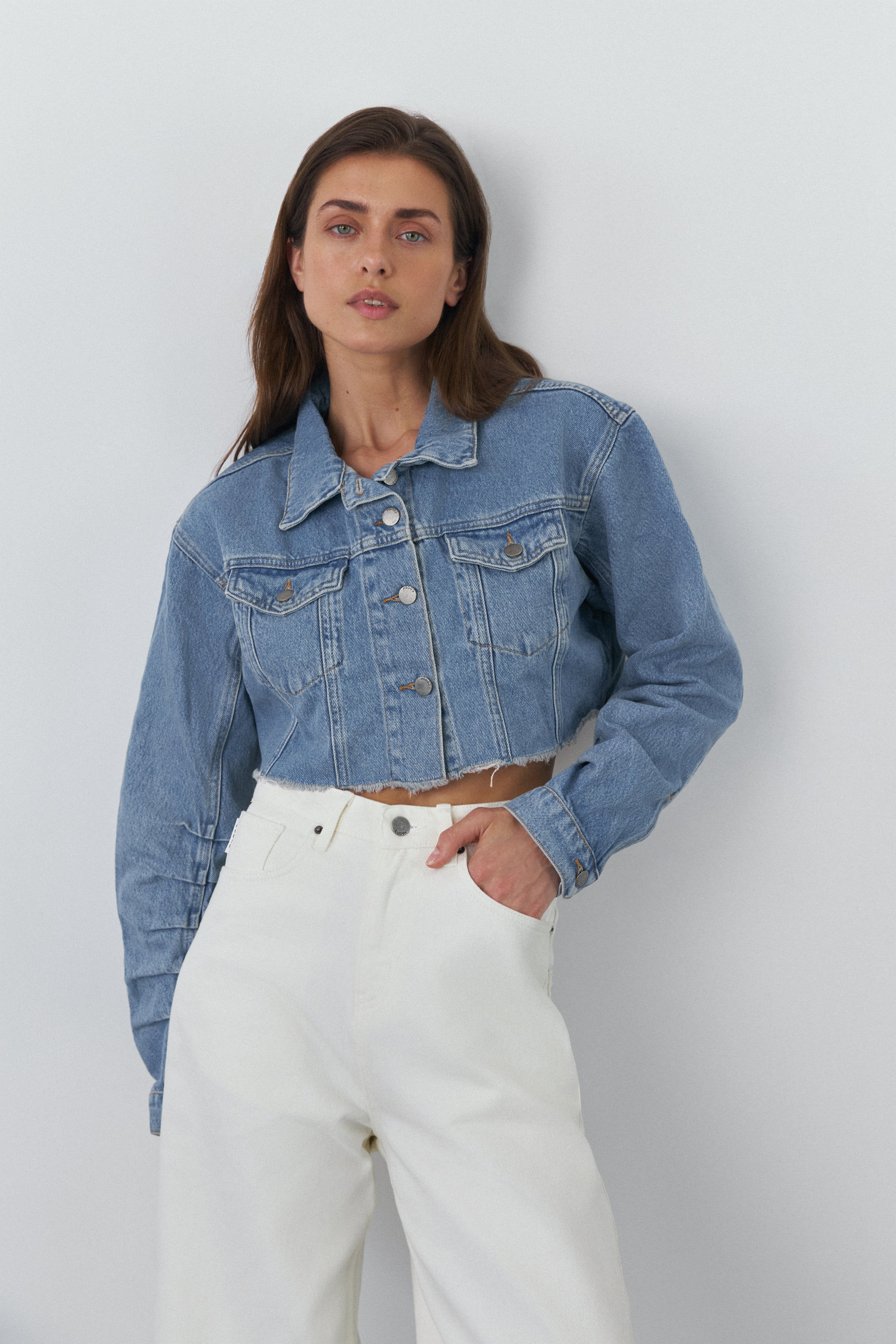 Cropped Denim Jacket with Unfinished Hem - Blue | COOSH