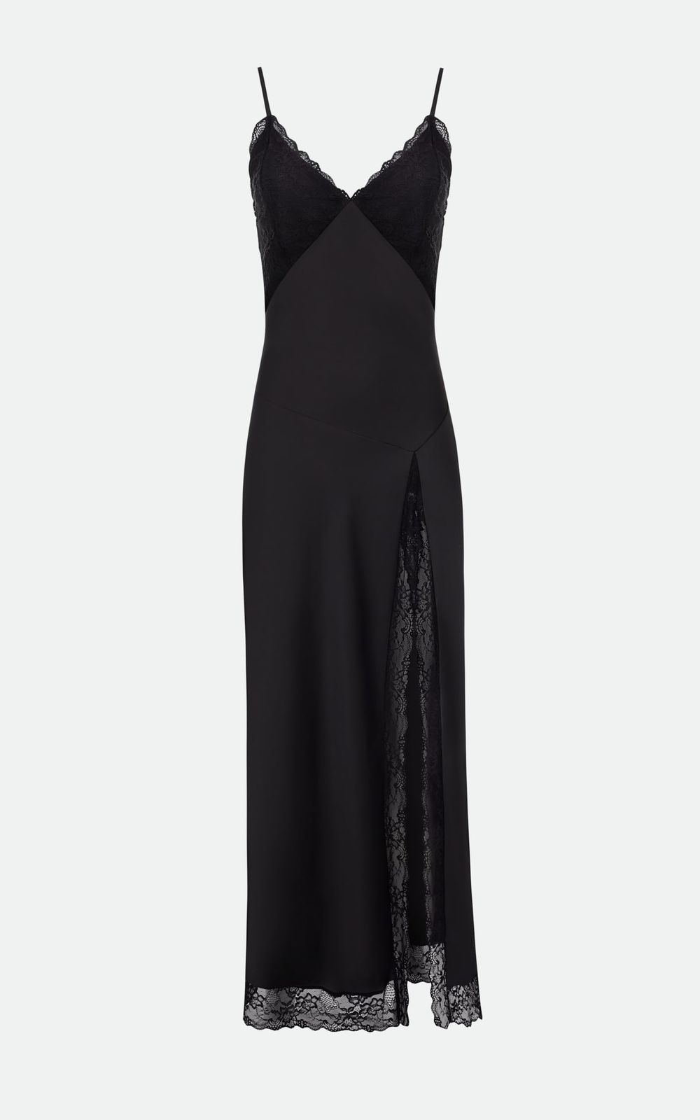 black slip dress with lace Le Stretch The dress features adjustable spaghetti straps and a slightly flared skirt & Other Stories satin midi