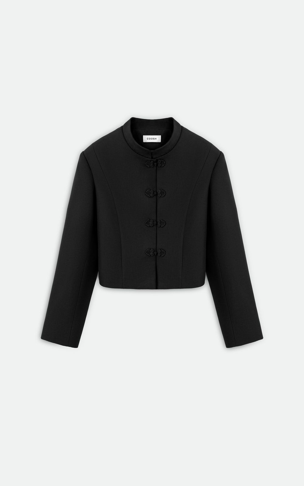 Asian-Inspired Cropped Jacket with Statement Loops - Black | COOSH