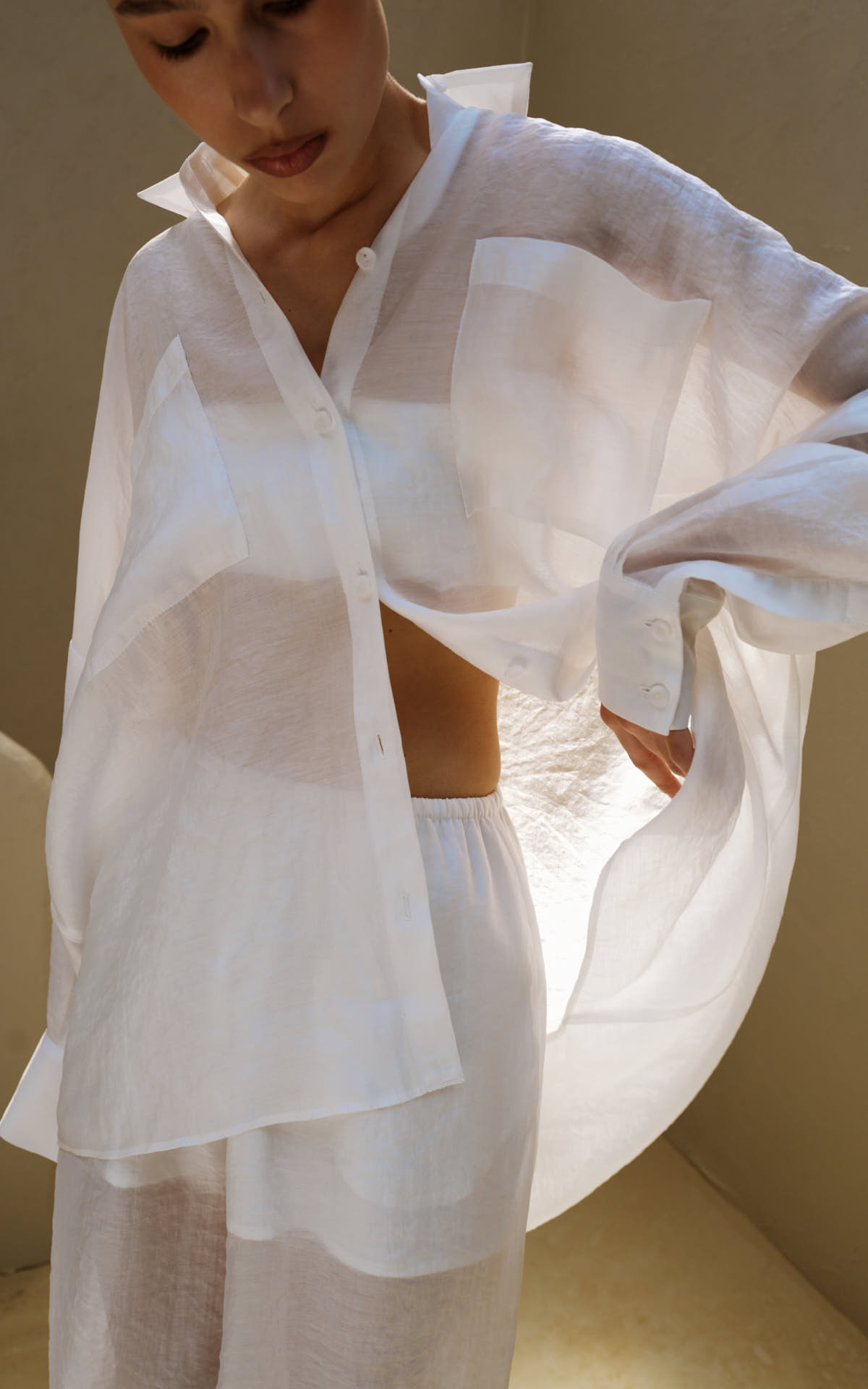 Sheer Tencel Shirt SAND with Pockets - White | COOSH