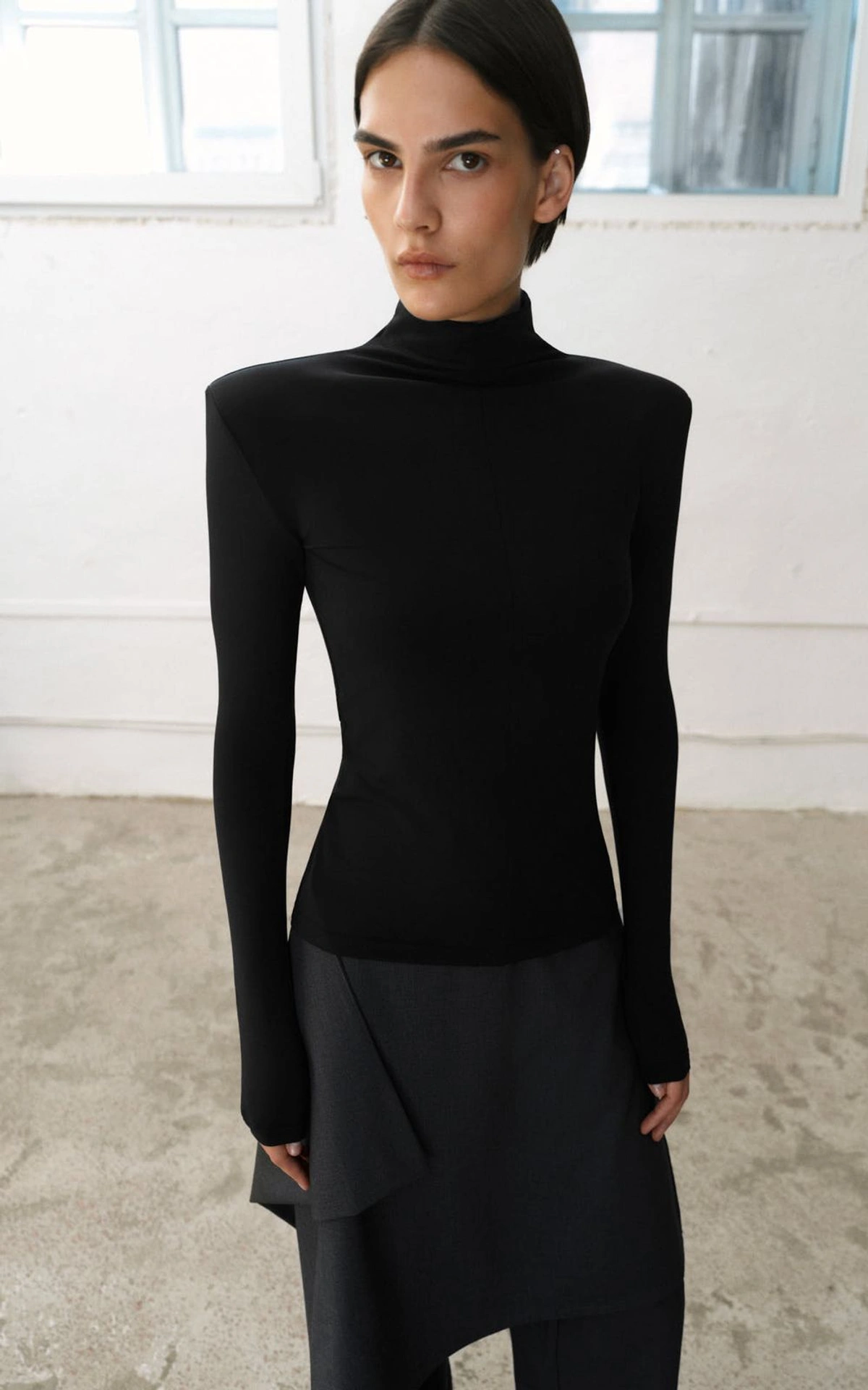 Fitted Long-Sleeve Top with Shoulder Pads