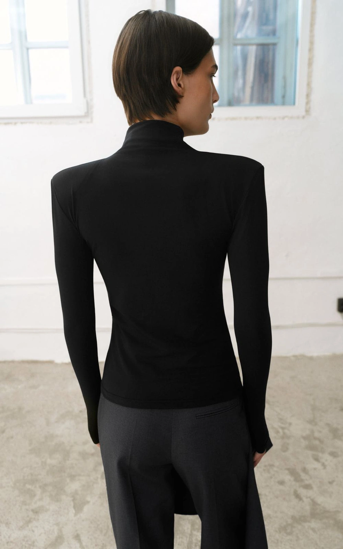 Fitted Long-Sleeve Top with Shoulder Pads
