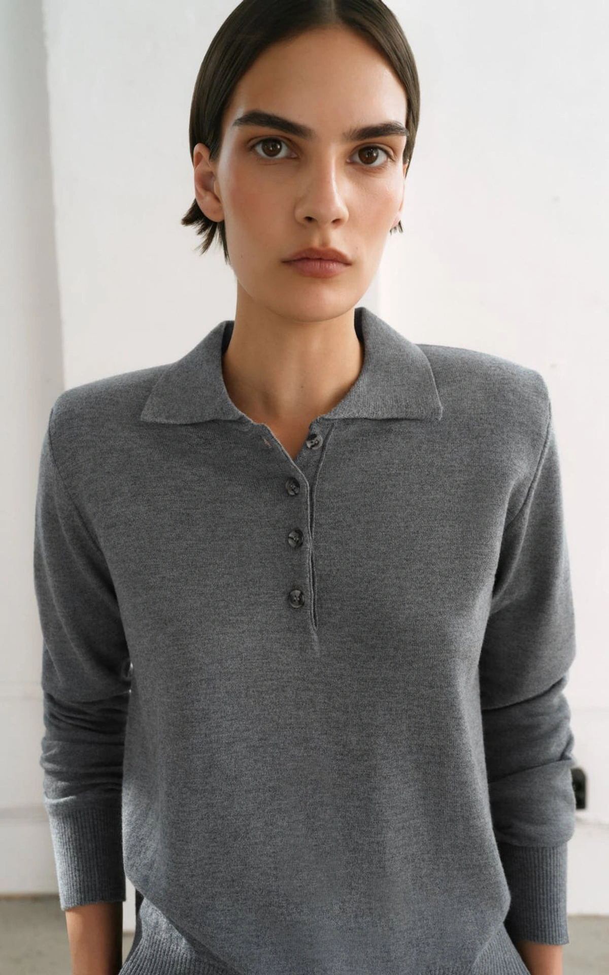 Knit Polo Shirt with Buttons and Shoulder Pads
