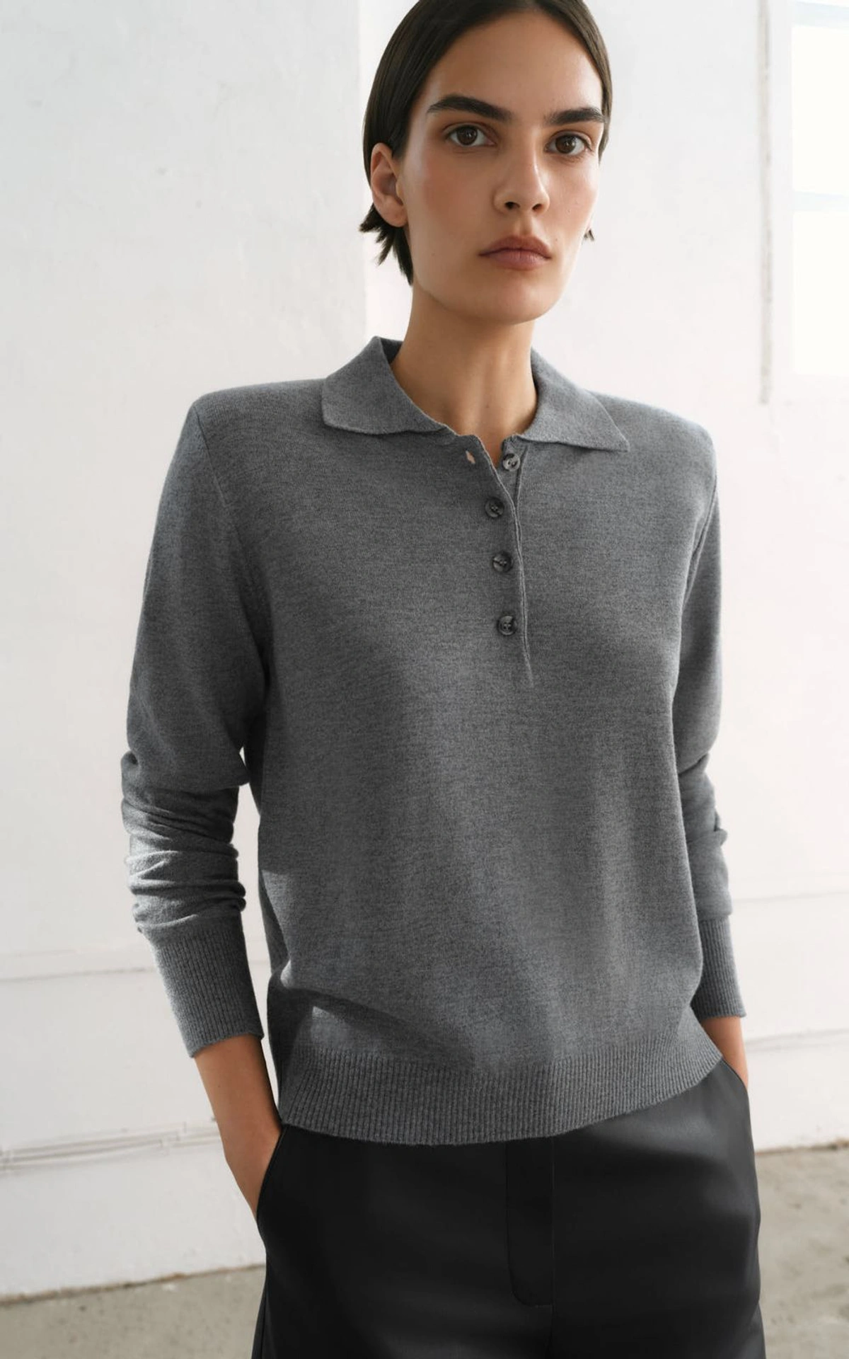 Knit Polo Shirt with Buttons and Shoulder Pads
