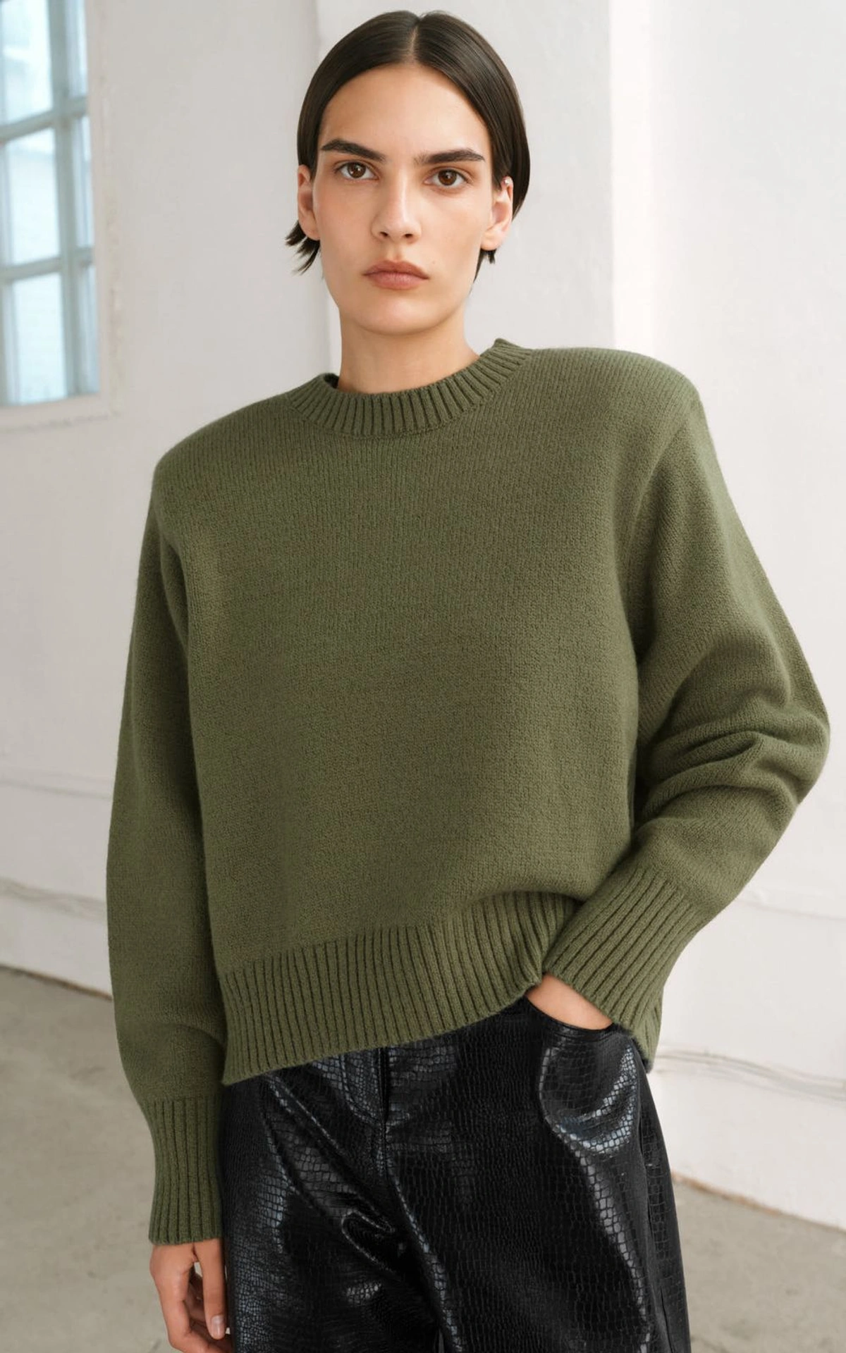 Crew Neck Sweater with Shoulder Pads