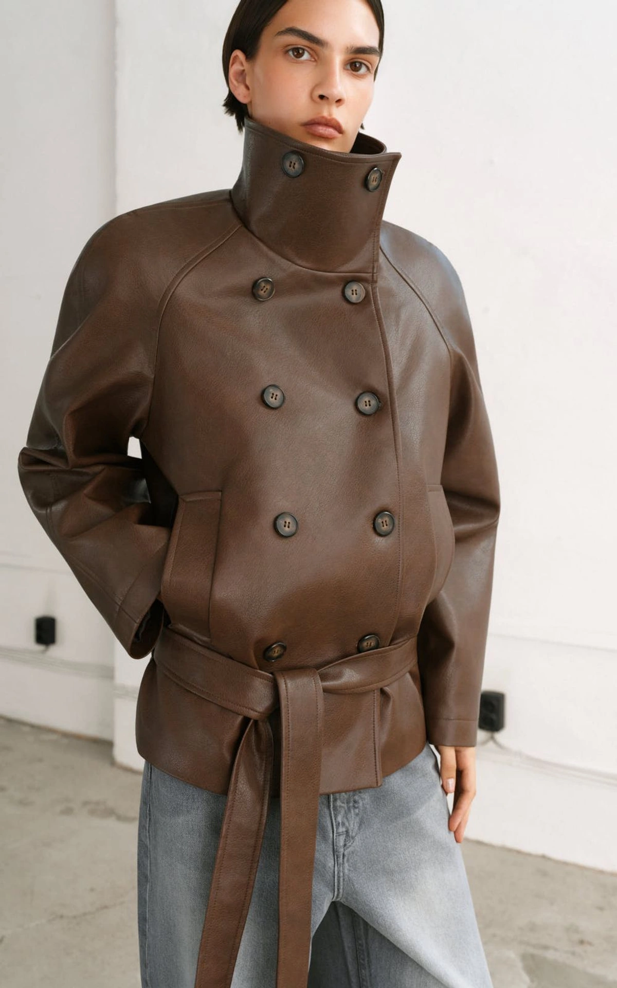 Faux Leather Jacket with Shoulder Pads and Belt