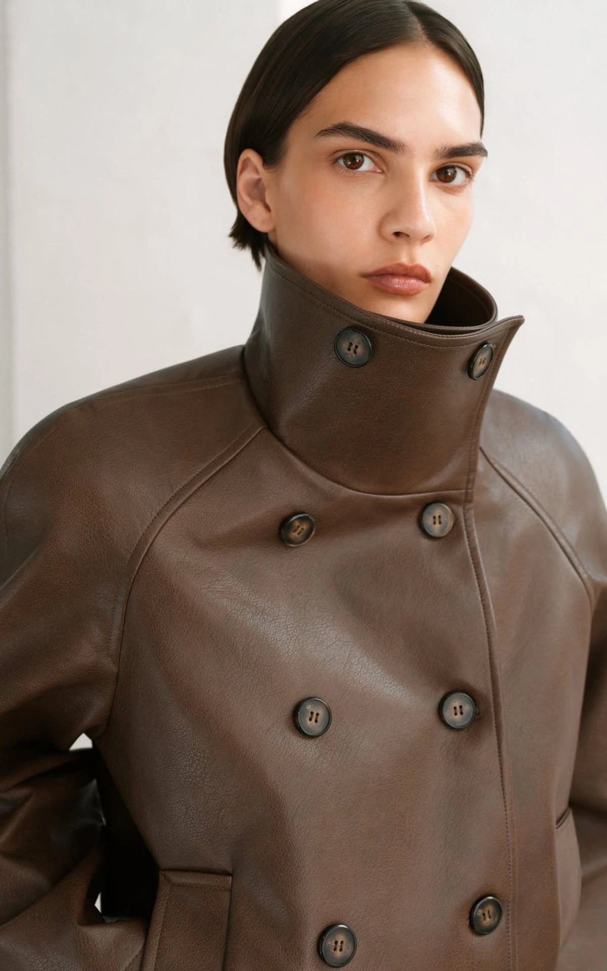 Faux Leather Jacket with Shoulder Pads and Belt