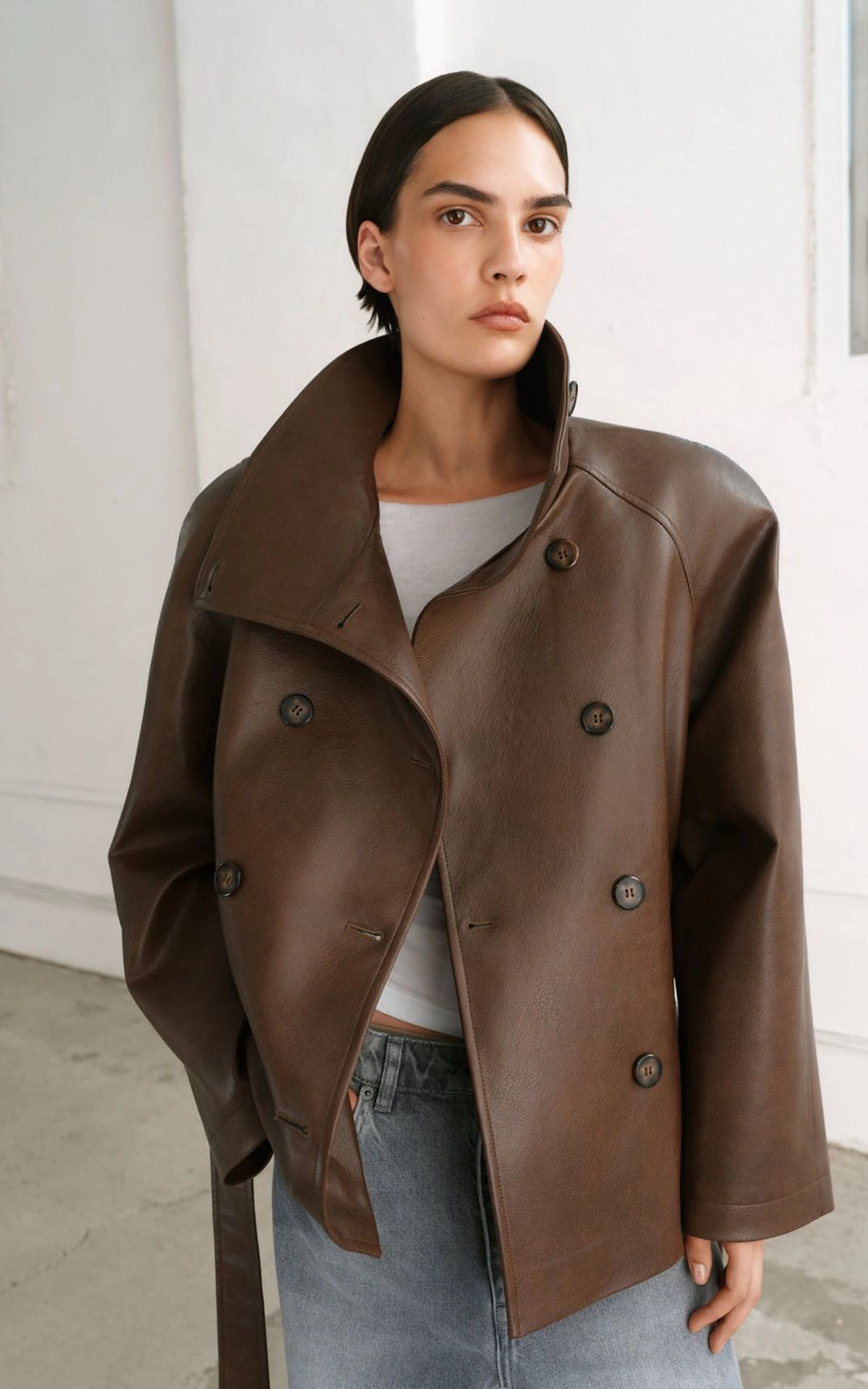Faux Leather Jacket with Shoulder Pads and Belt