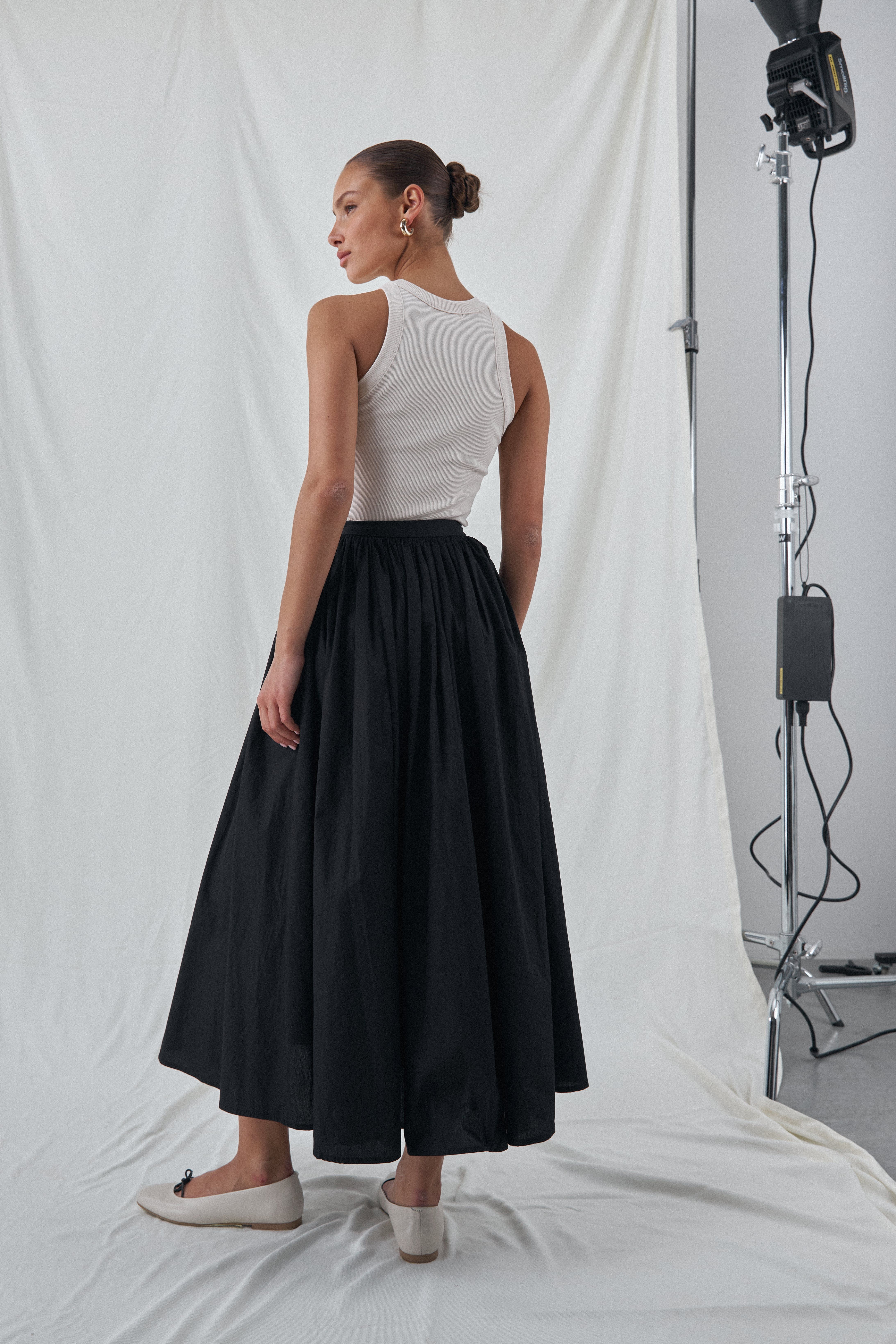 スカート Cancan Frill Flare Ribbon Shirring Long Cotton Skirt Black MUSINSA | PLACE STUDIO Cancan Frill Flare Ribbon Shirring