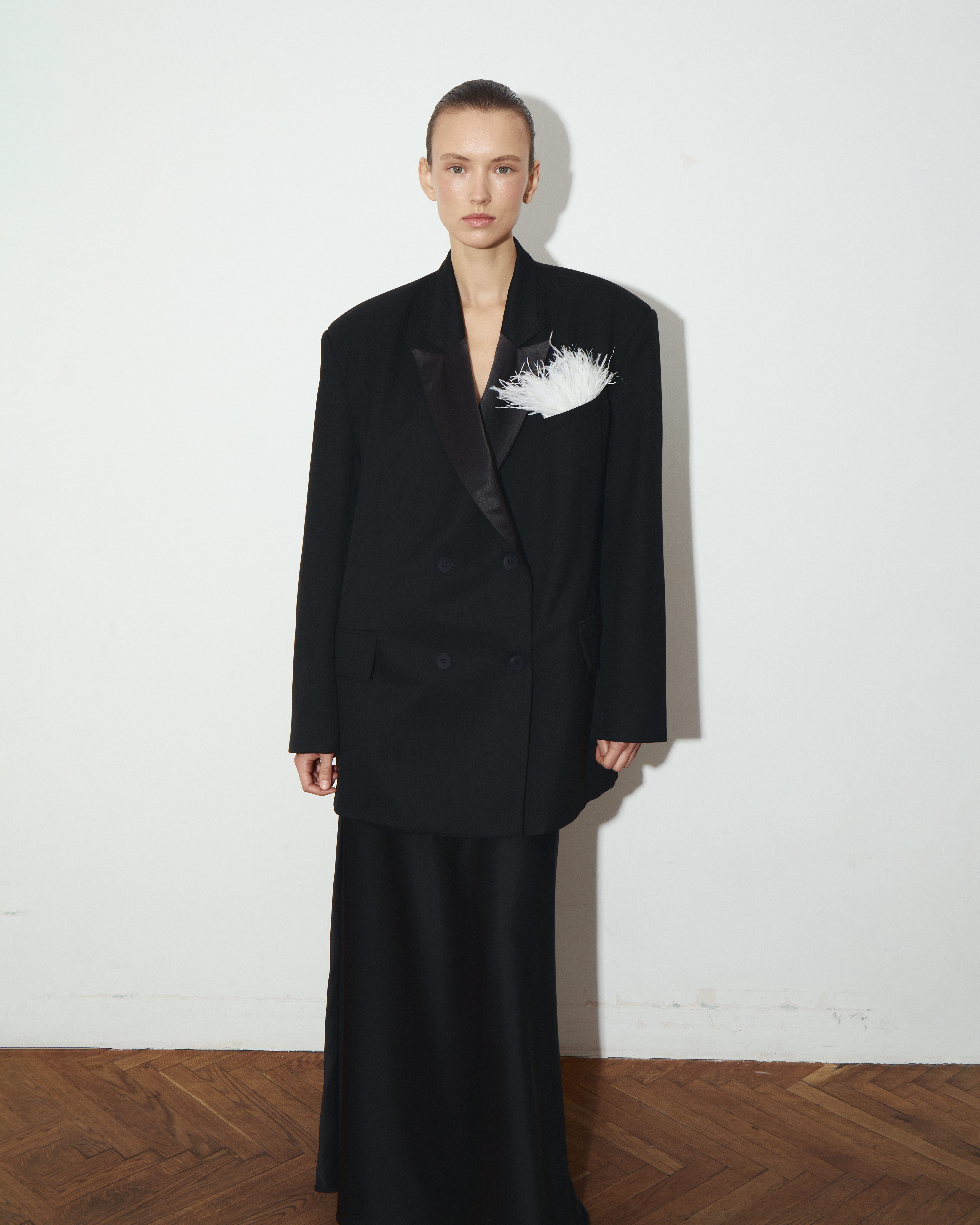 Oversized Double-Breasted Blazer with Satin Lapels - Black