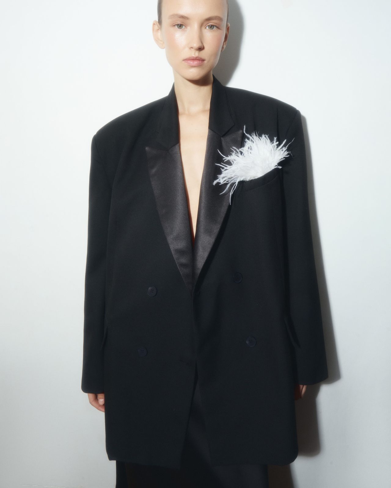 Oversized Double-Breasted Blazer with Satin Lapels - Black
