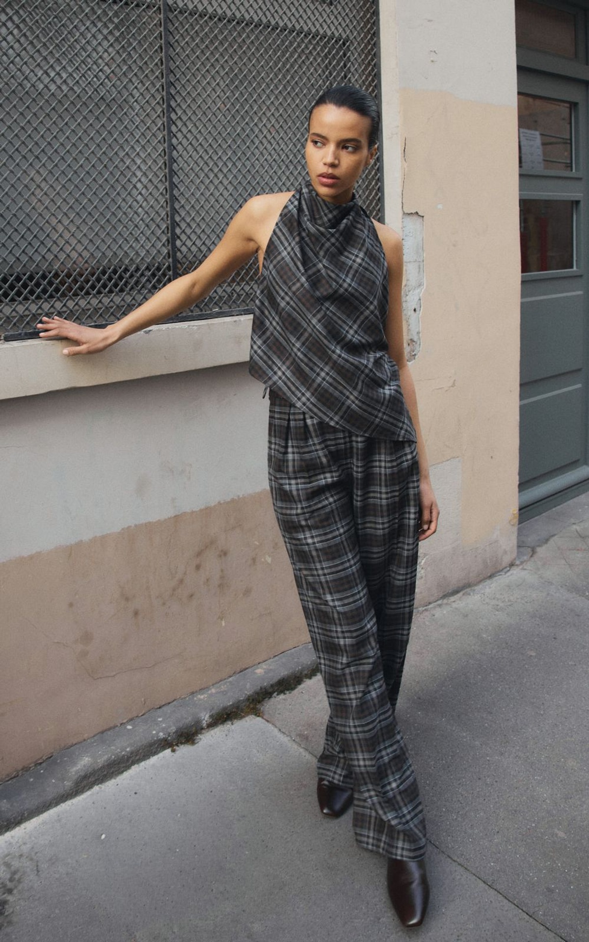 Asymmetric Tartan Top with Ties