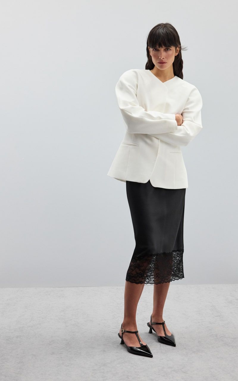 【COAP】 [Made] Lace noir satin skirt RABANNE Satin Lace Skirt in Black | FWRD