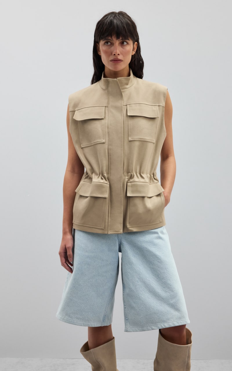 Cargo Vest with Stand-up Collar - Beige | COOSH