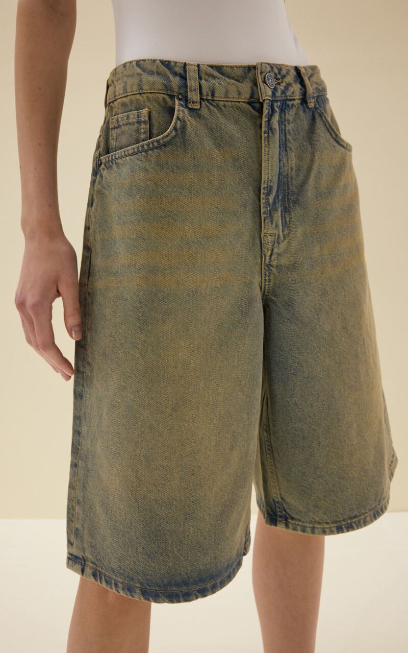 【DISCERNMENT】Fold Denim Crop Bermuda Pants Cropped Denim Bermuda Shorts - Blue-green | COOSH