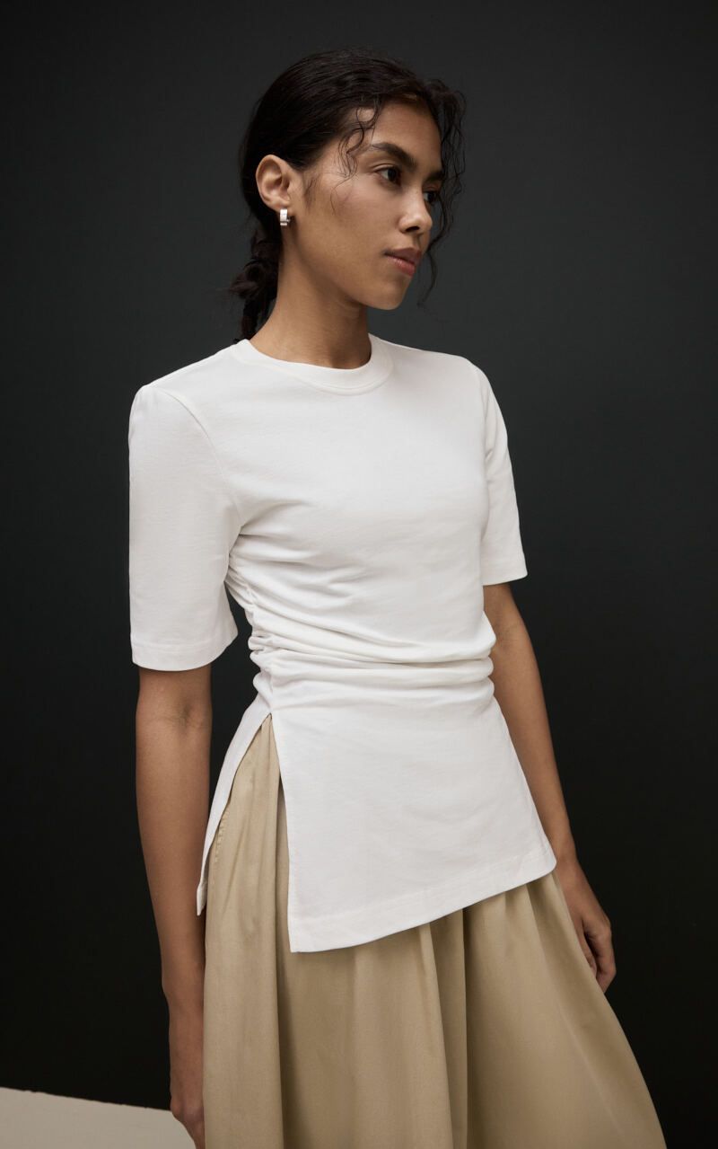 Draped T-shirt with Shoulder Pads - White | COOSH