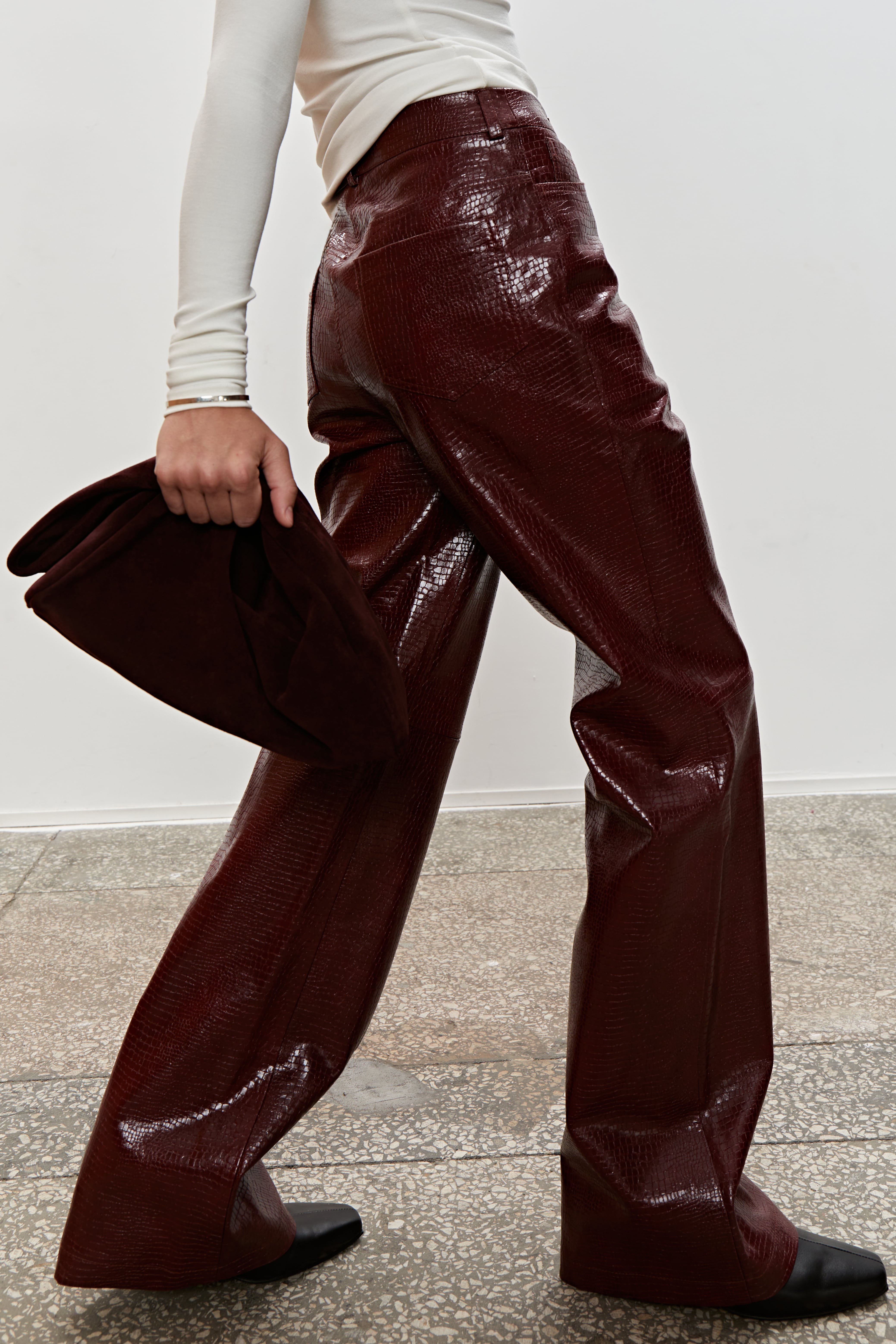 Textured Leather Pants - Burgundy | COOSH
