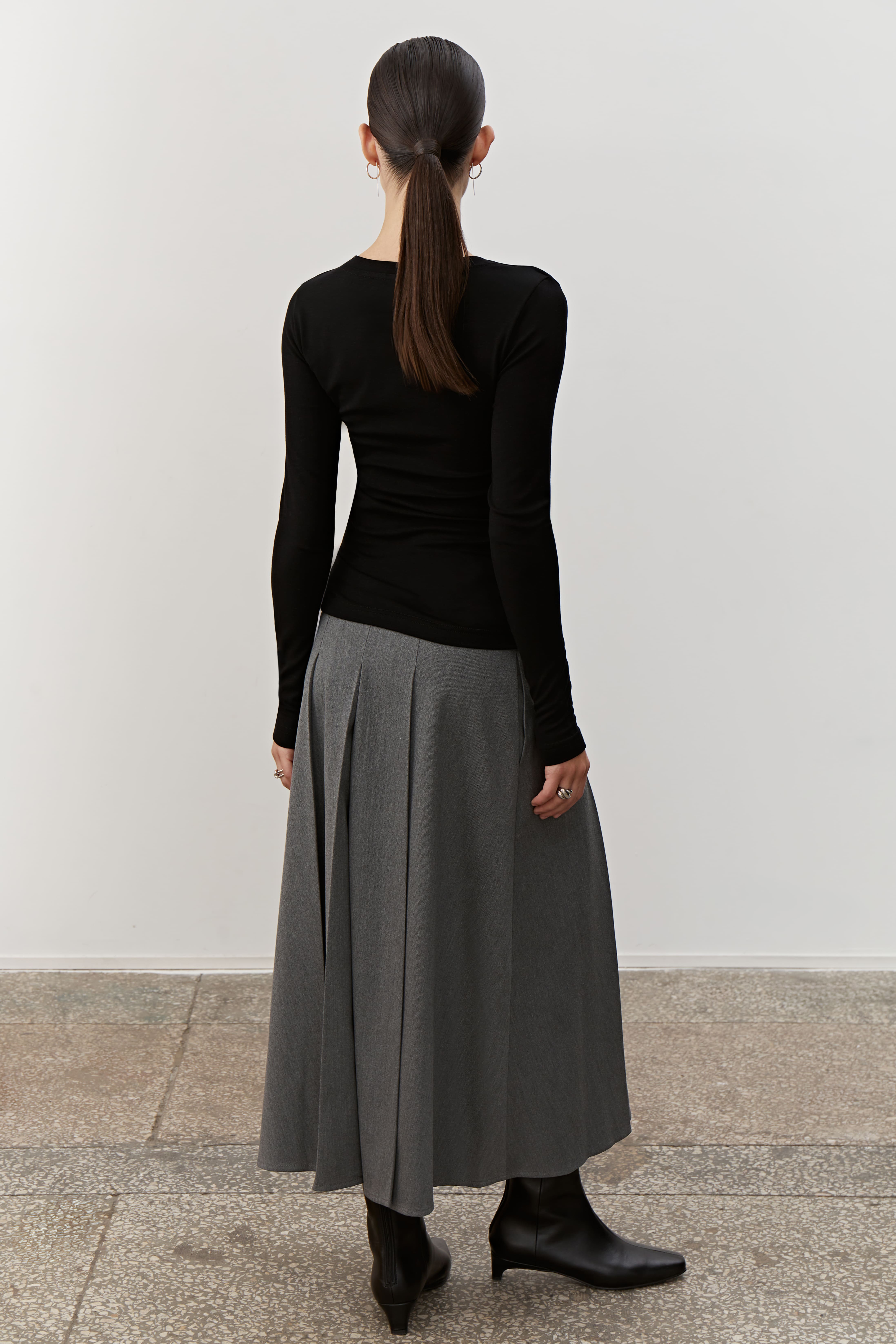 FRILL PLEATS MIDI SKIRT_GREY - crank | 60% - Asian Fashion