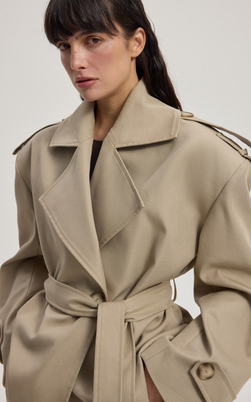 BLANK Cropped Trench Coat with Accent Shoulders - Beige | COOSH