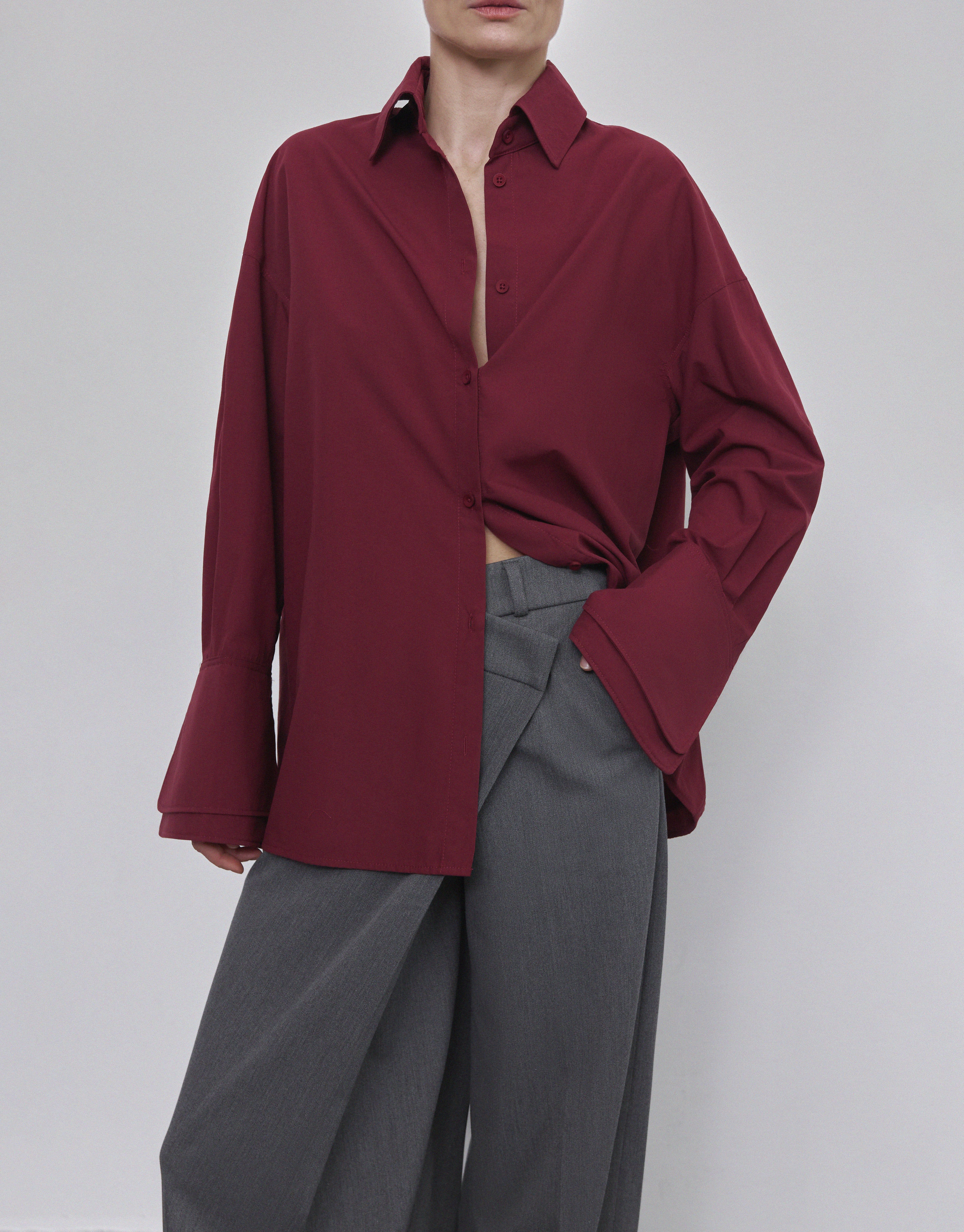 シャツ+ブラウス(長袖+七分) VINTAGE - vintage rework Burgundy blouse shirt top Over Dyed Dark Burgundy Shirt FADE. Ramie Linen Cotton Women