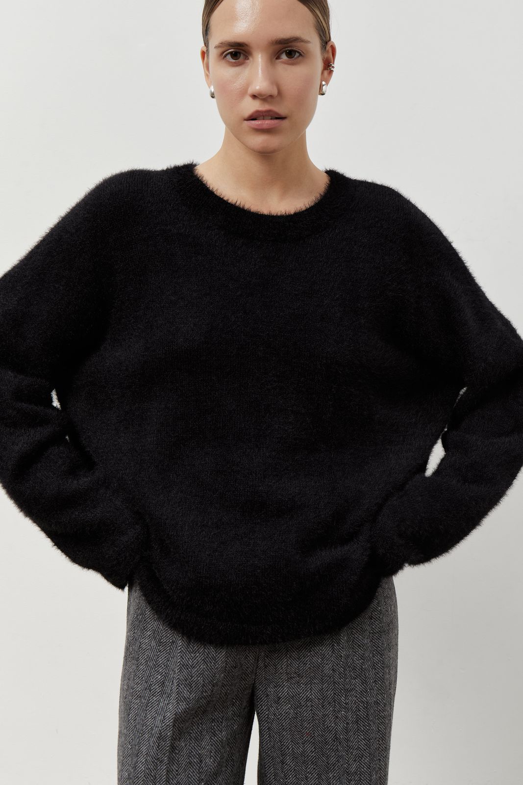Dropped Shoulder Line Fluffy Sweater - Black | COOSH