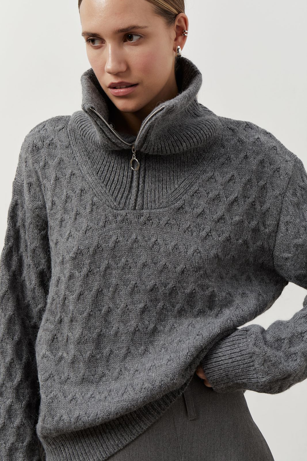 Textured Knit EMBER Sweater with Zip - Grey | COOSH
