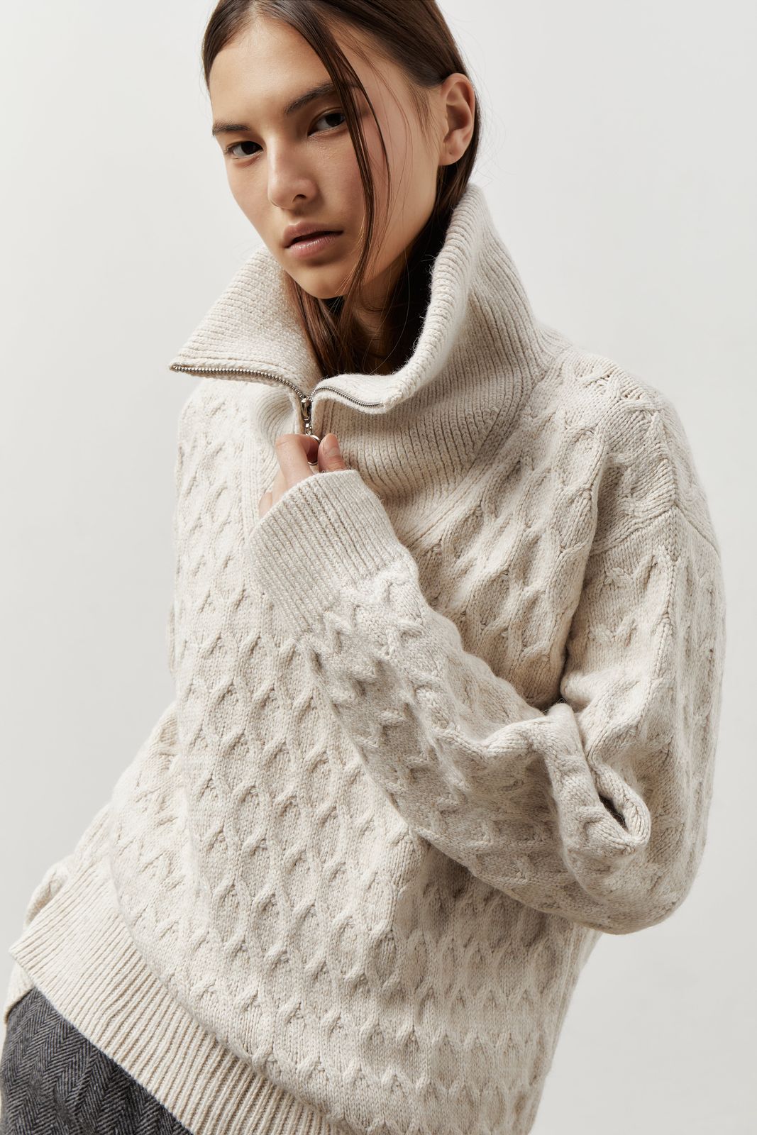 Textured Knit EMBER Sweater with Zip - Beige | COOSH