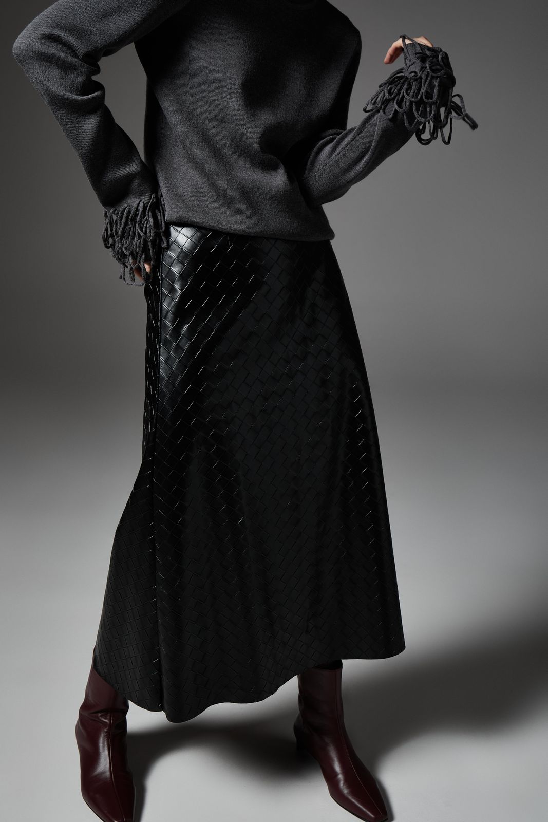 Faux Leather Braided Midi Skirt - Black | COOSH