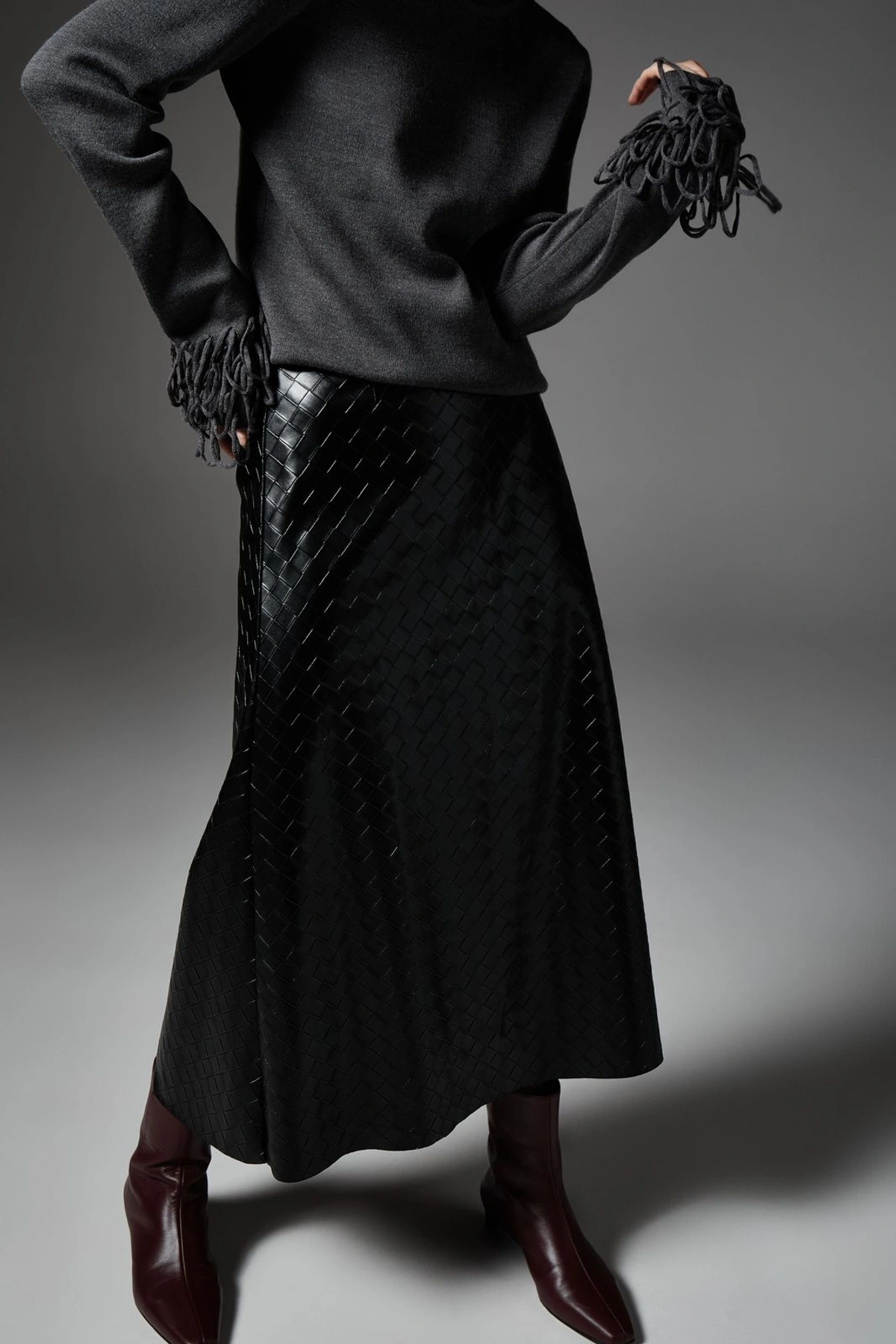 Faux Leather Braided Midi Skirt