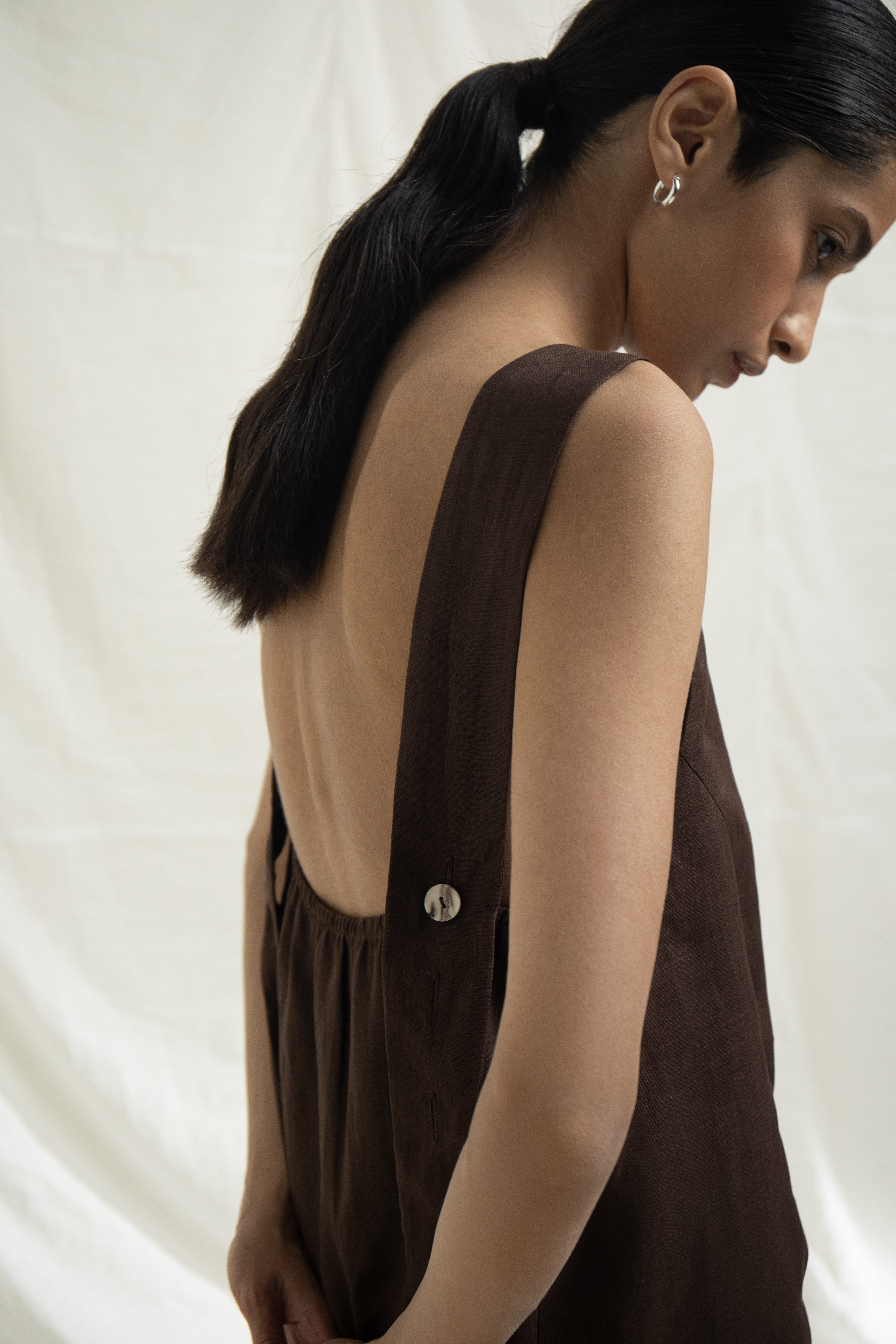 Hemp High Neck Vest with Button Closures and Back Tie - Chocolate