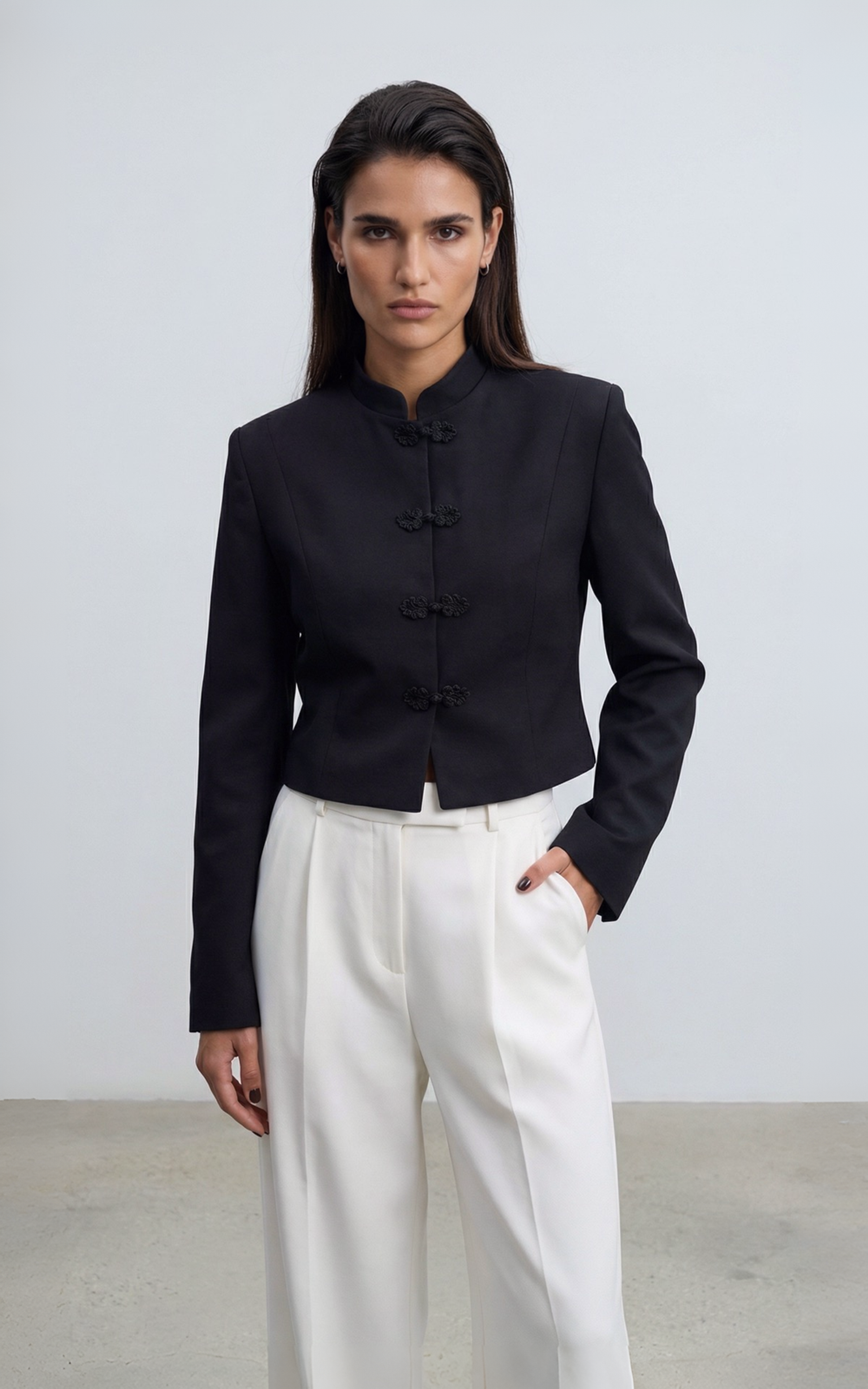 Asian-Inspired Cropped Jacket with Statement Loops