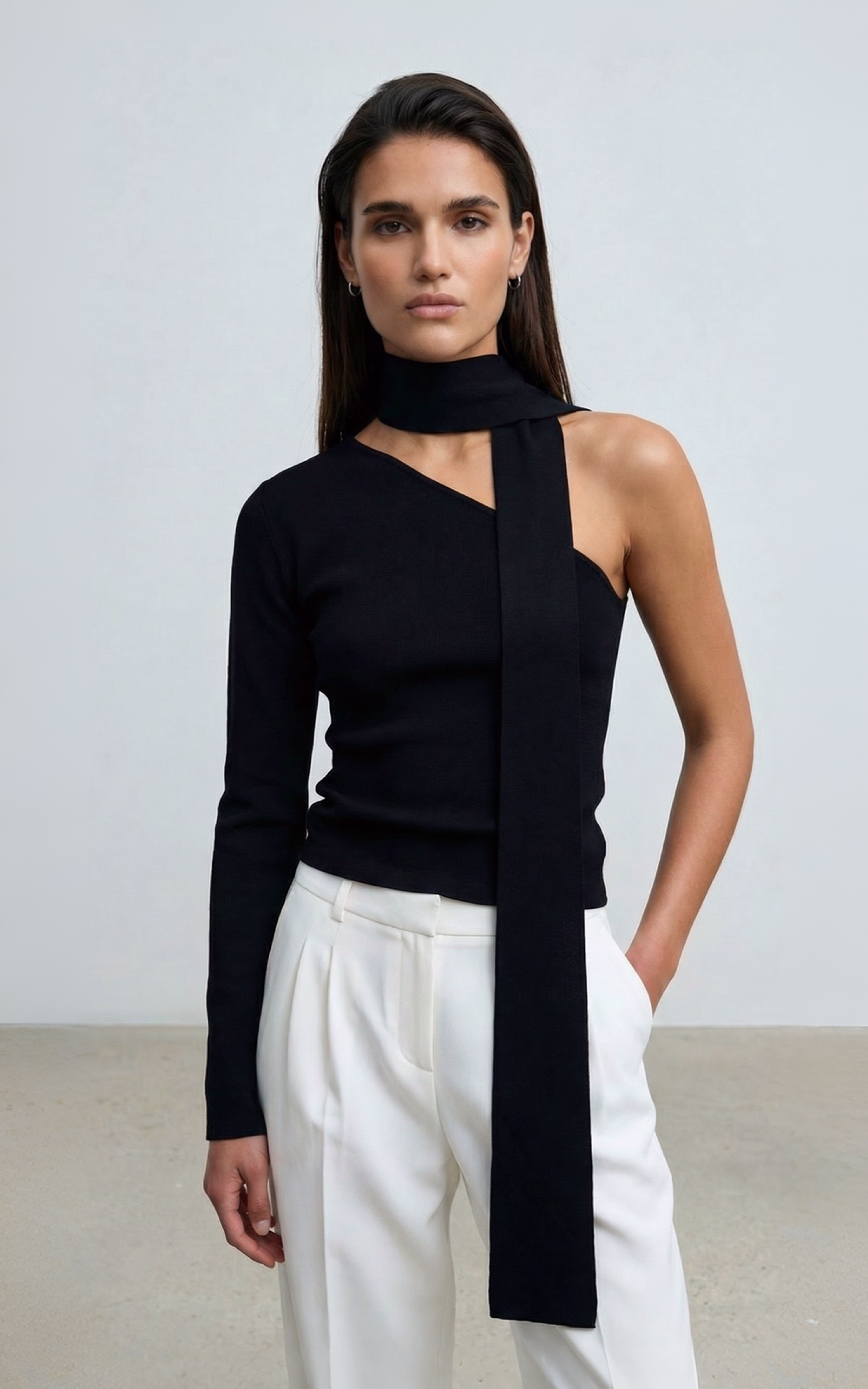 One-Shoulder Viscose Longsleeve with Detachable Scarf