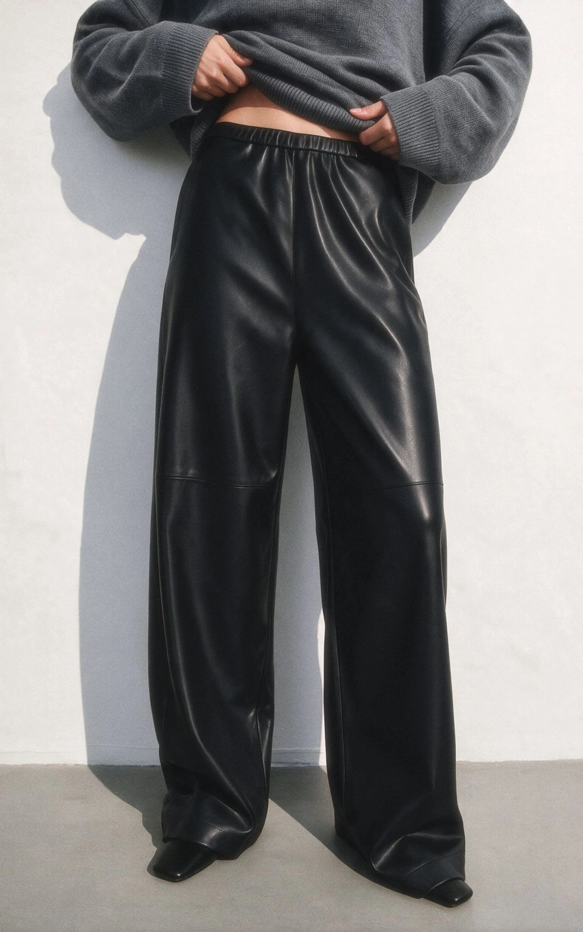 Relaxed-Fit Faux Leather Trousers with Elasticated Waist